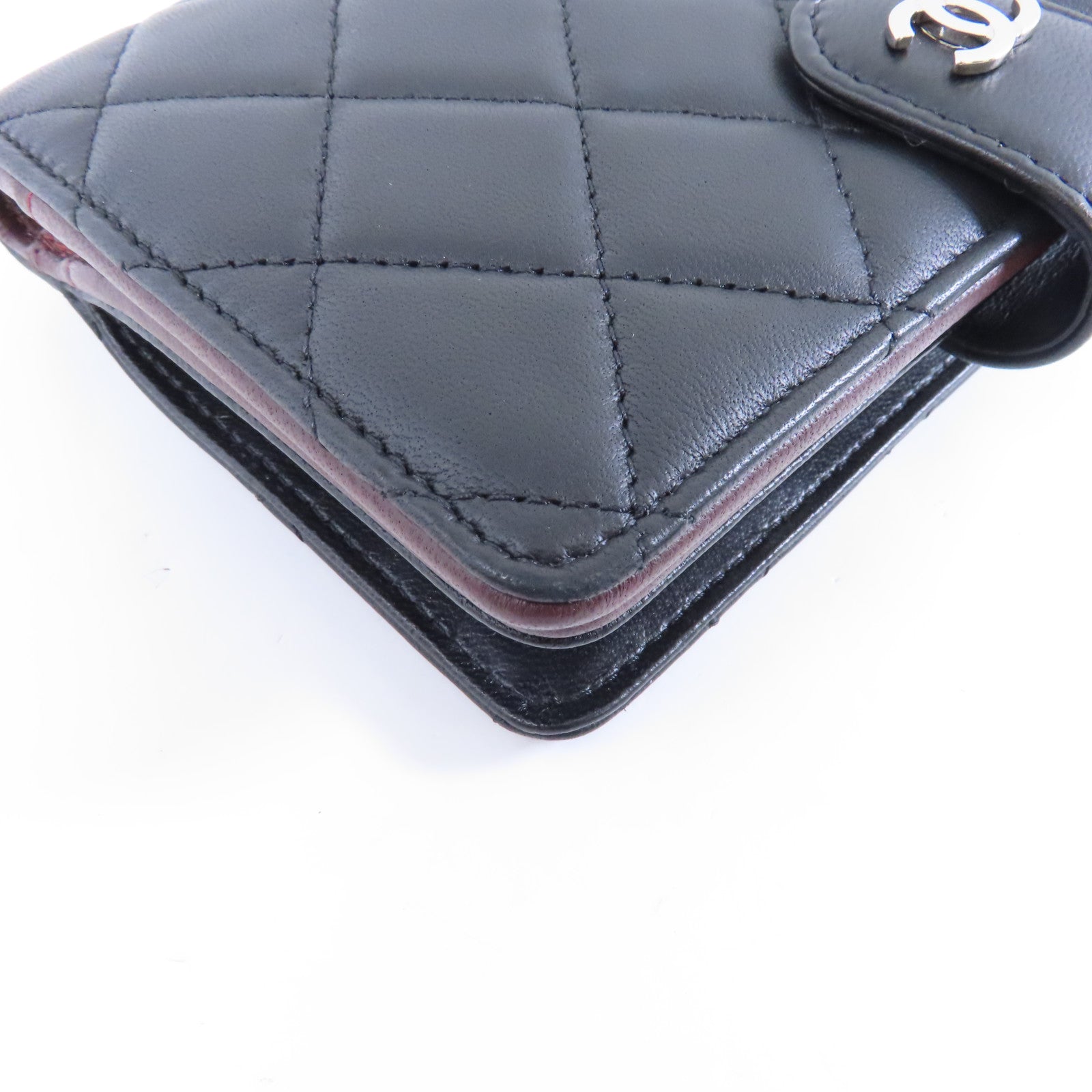 CHANEL 菱格牛皮皮革Wallet銀扣折疊錢包黑色