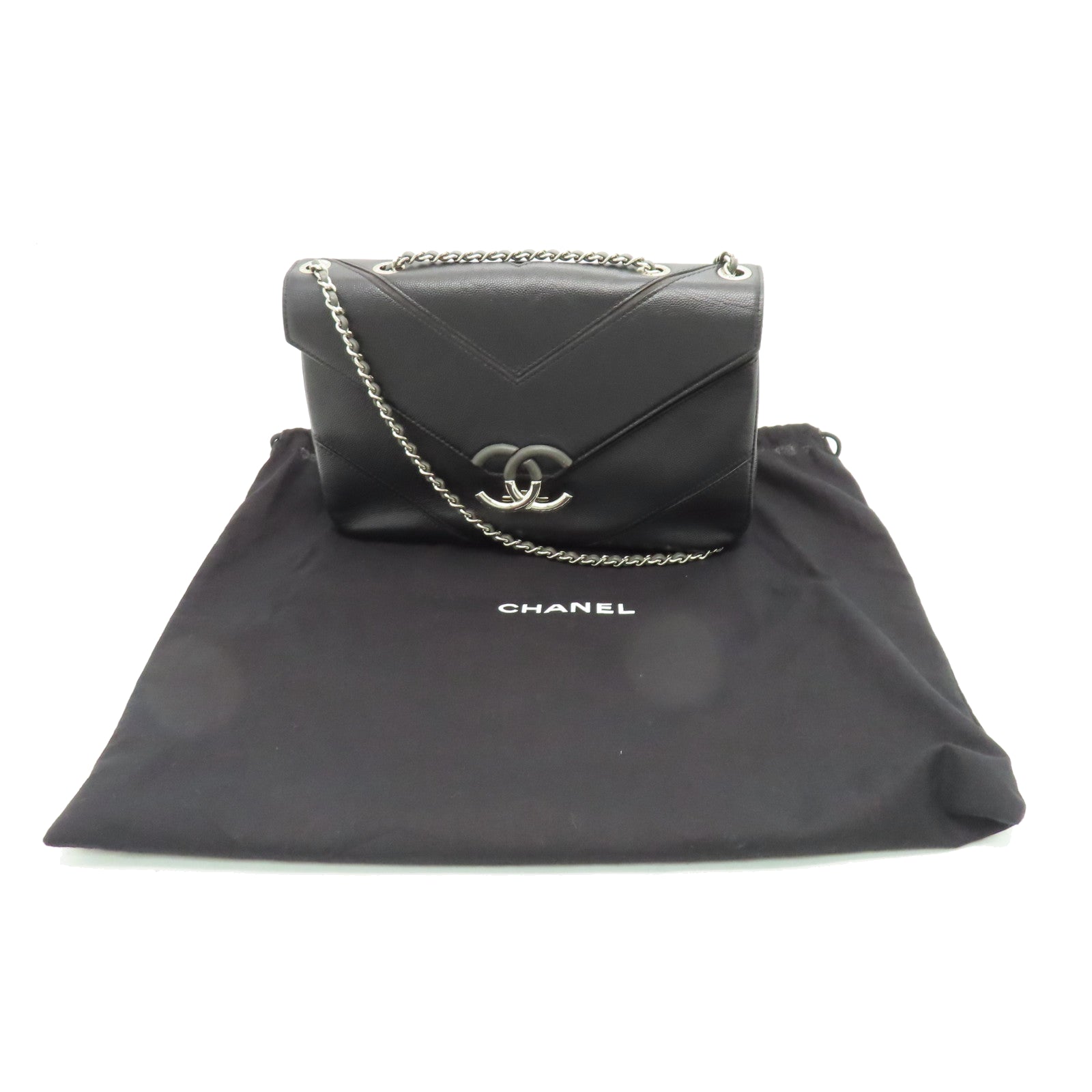 CHANEL Twill Caviar Leather Chain Shoulder Silver Buckle Chain Shoulder Bag Black