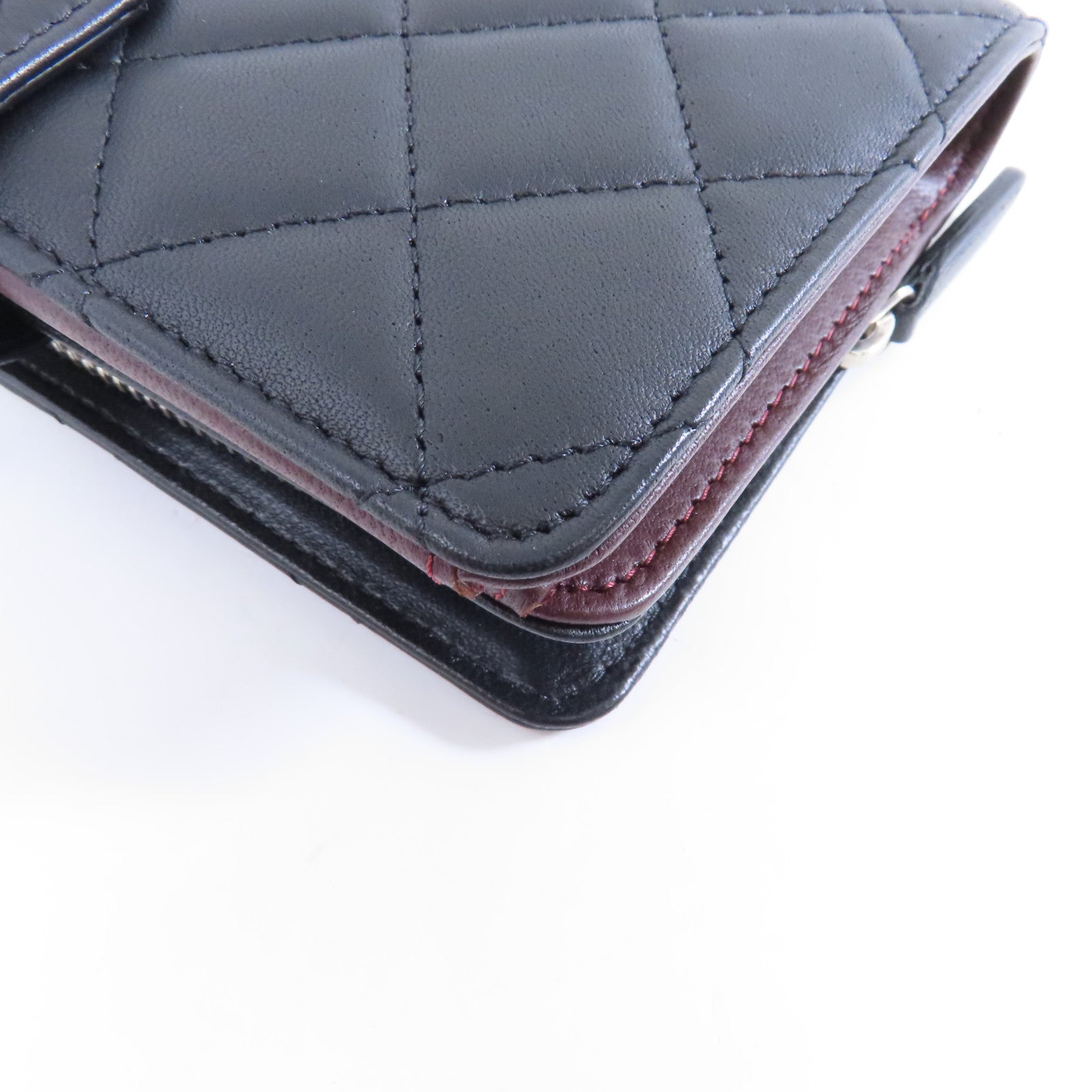 CHANEL 菱格牛皮皮革Wallet銀扣折疊錢包黑色