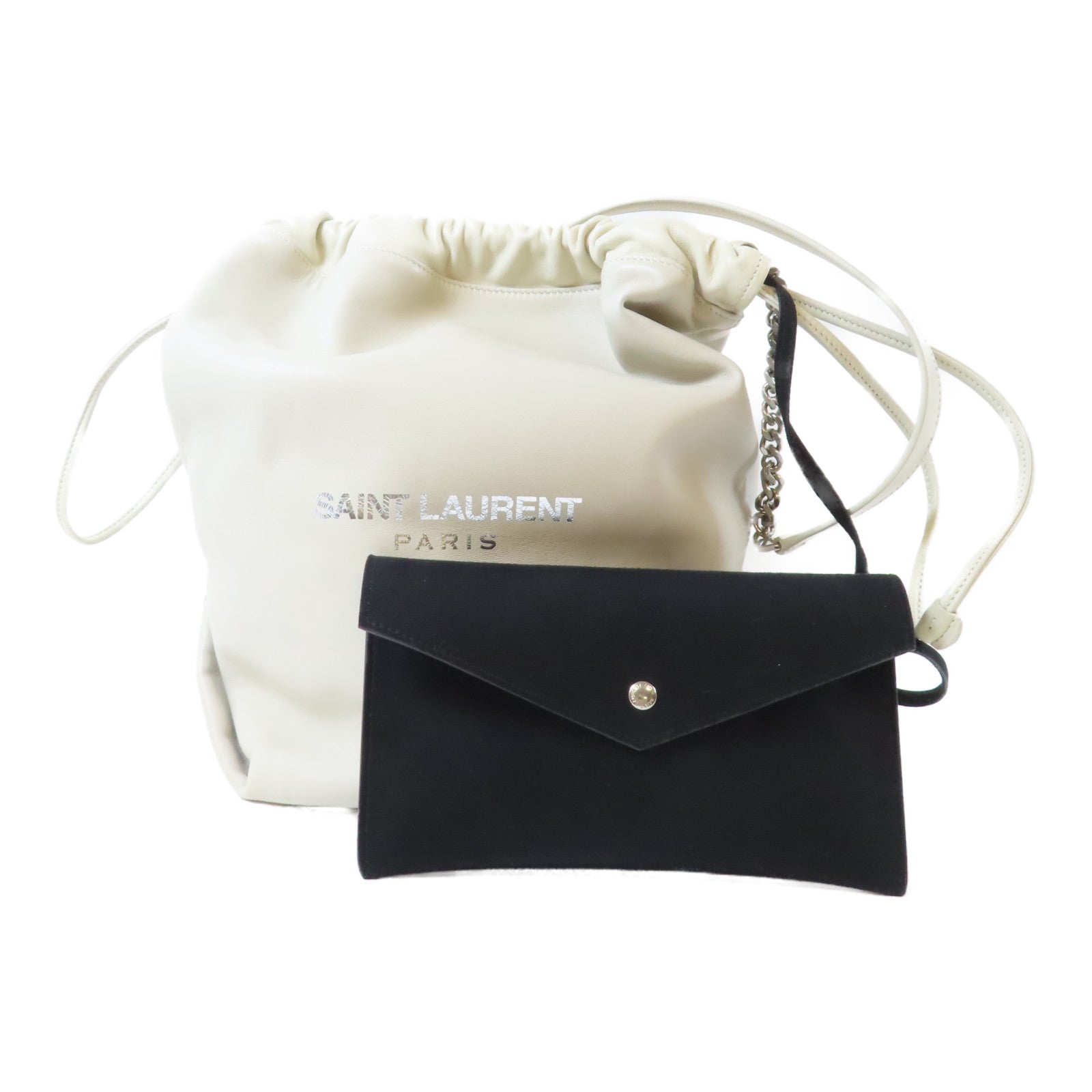 SAINT LAURENT 羊皮皮革Shoulder Bag銀扣肩背袋米色