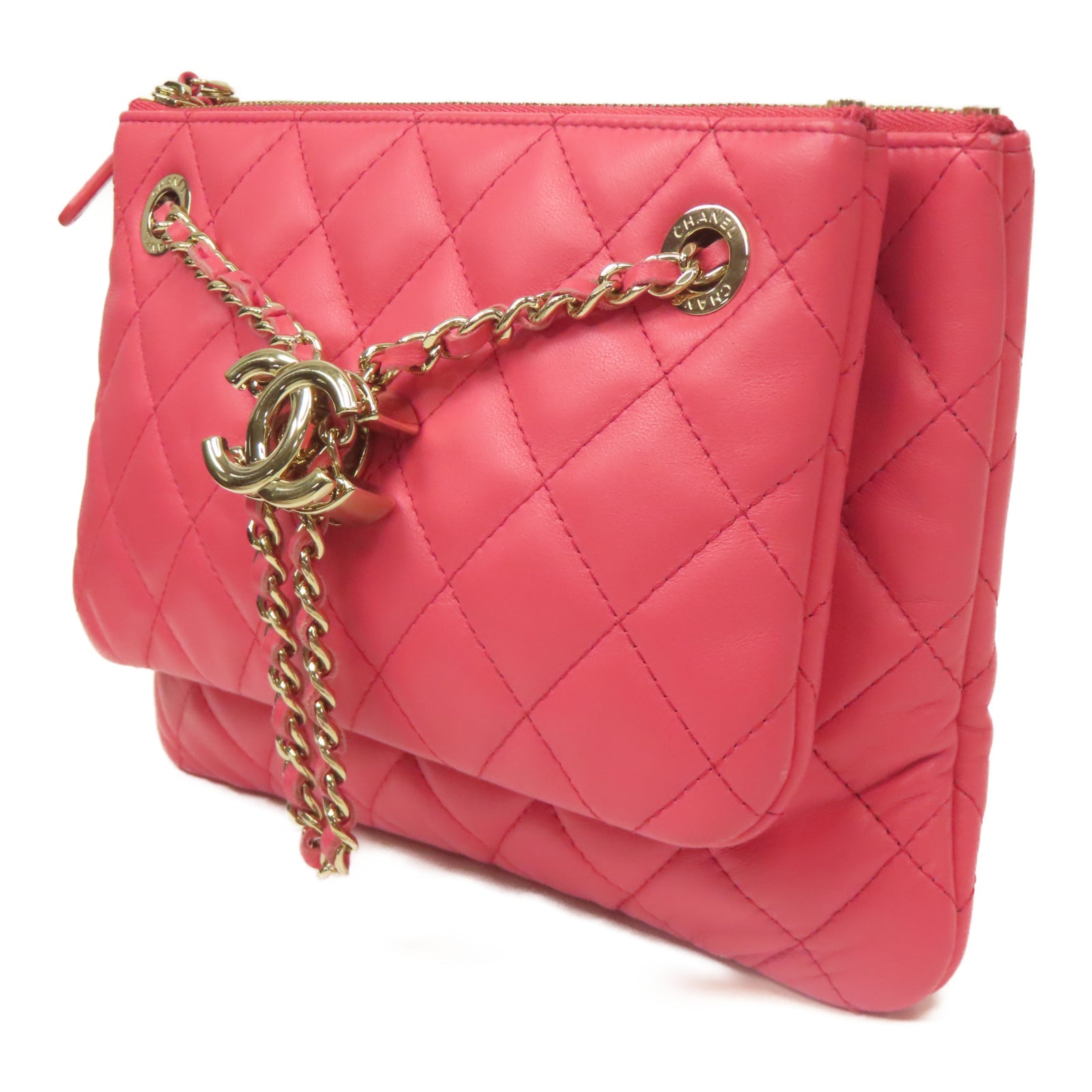 CHANEL 【激減優惠】菱格羊皮皮革Chain Shoulder Bag金扣肩背袋粉紅色