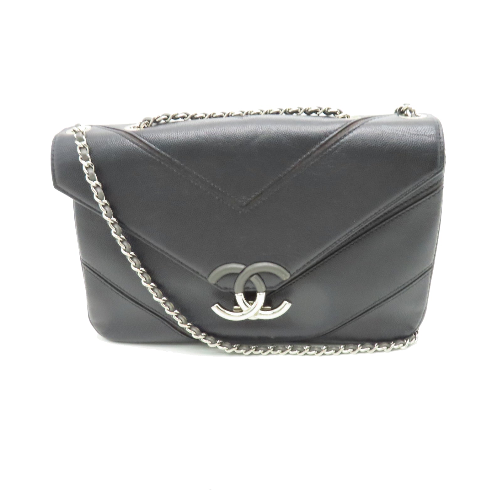 CHANEL Twill Caviar Leather Chain Shoulder Silver Buckle Chain Shoulder Bag Black