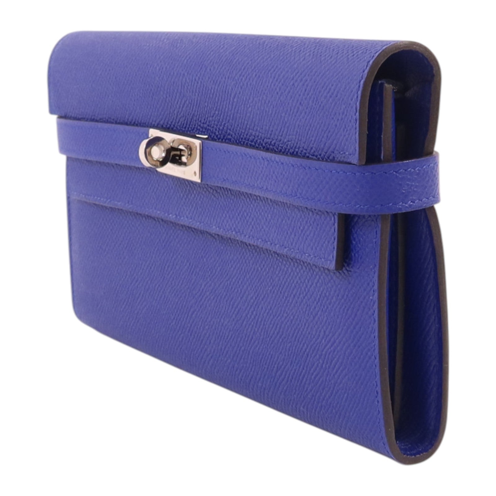 HERMES Epsom皮革Kelly Wallet銀扣長錢包Bleu Electrique