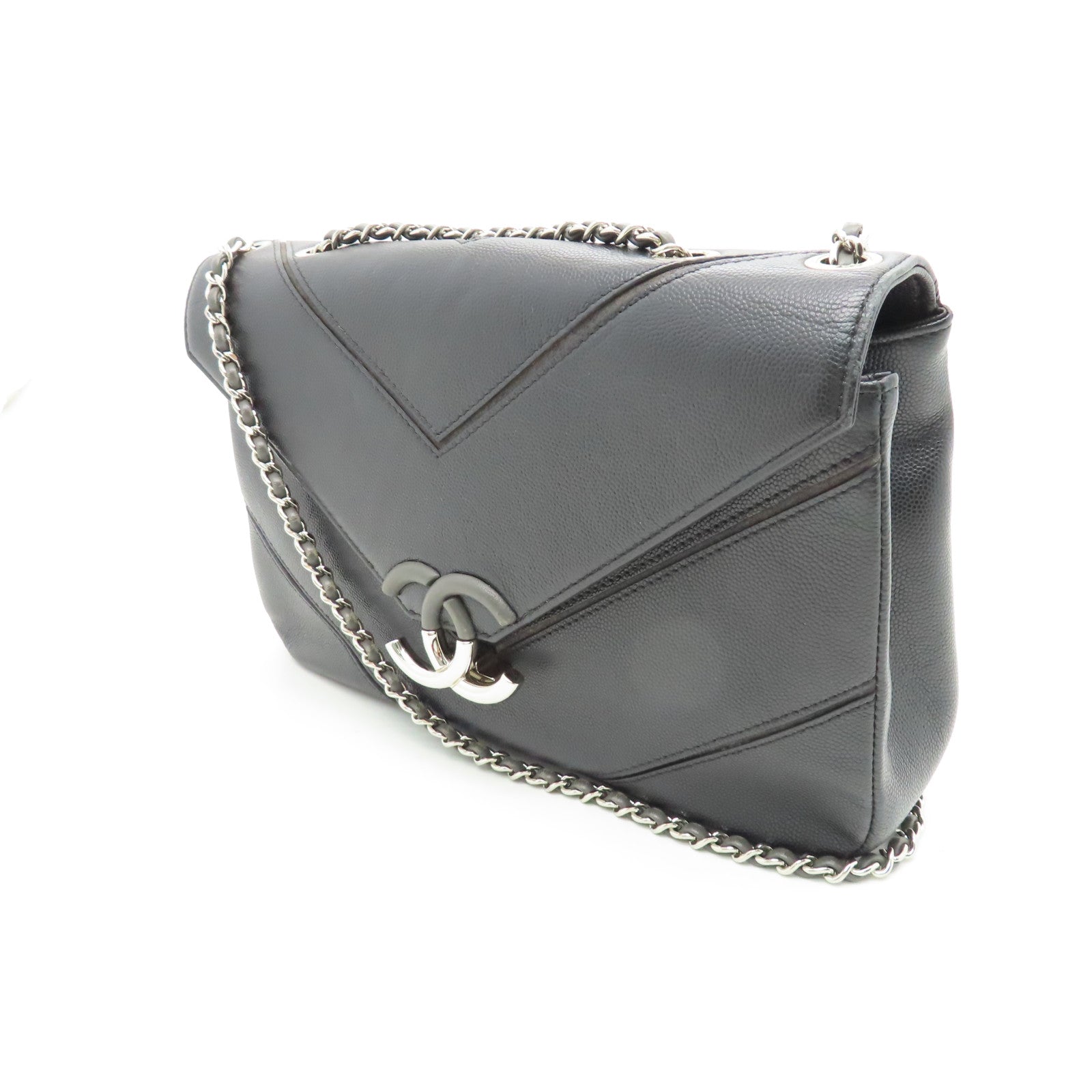 CHANEL Twill Caviar Leather Chain Shoulder Silver Buckle Chain Shoulder Bag Black