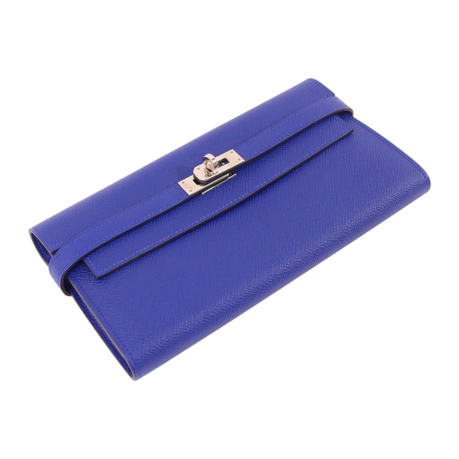 HERMES Epsom皮革Kelly Wallet銀扣長錢包Bleu Electrique