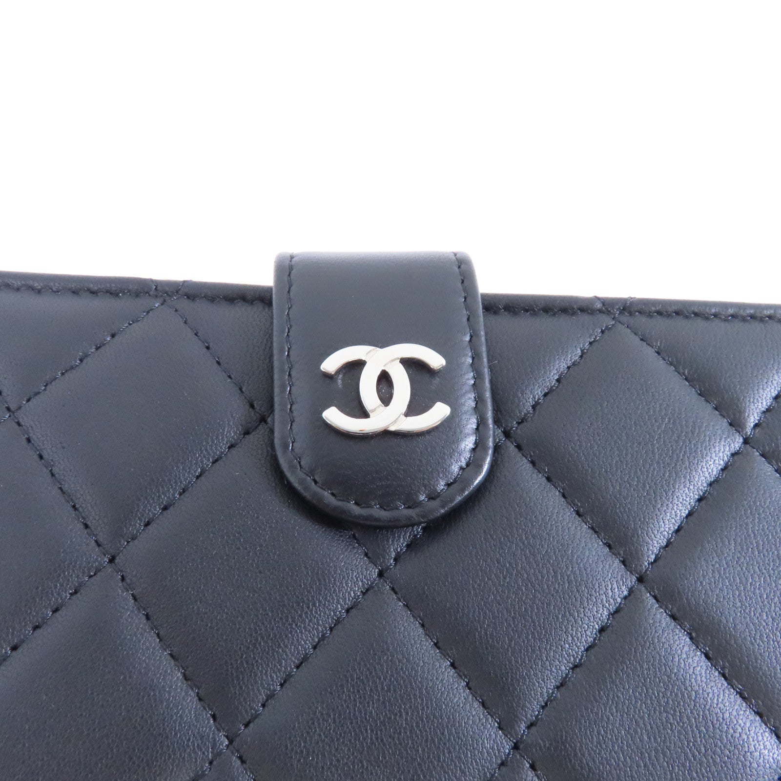 CHANEL 菱格牛皮皮革Wallet銀扣折疊錢包黑色