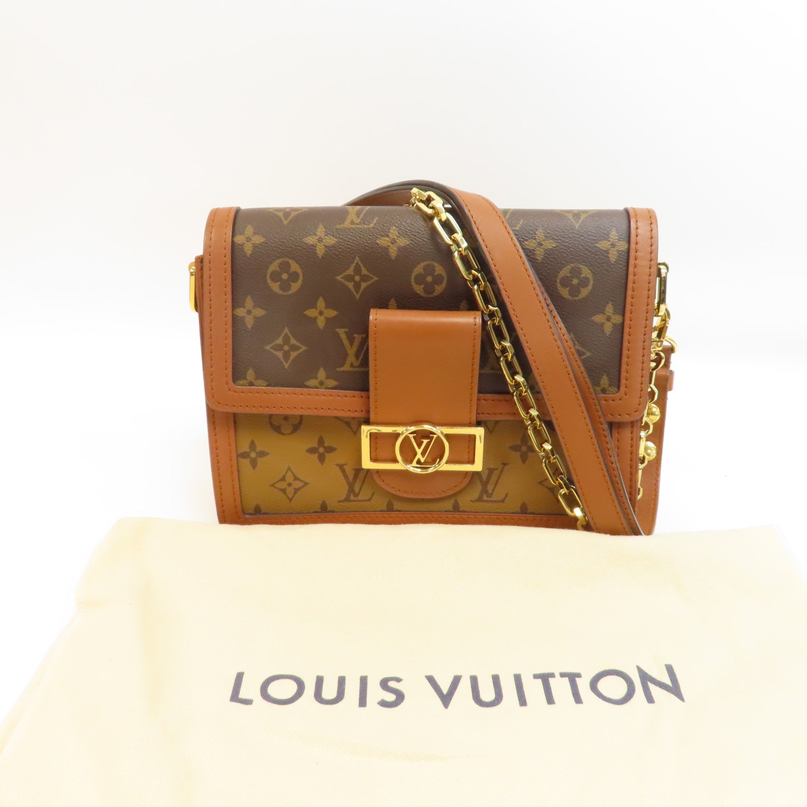LOUIS VUITTON Monogram Dauphine MM金扣鏈帶肩背袋啡色