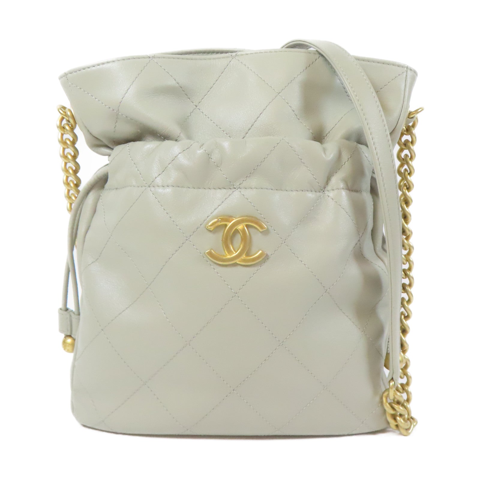 CHANEL 【激減優惠】菱格皮革Bucket Chain Shoulder金扣鏈帶肩背袋灰色