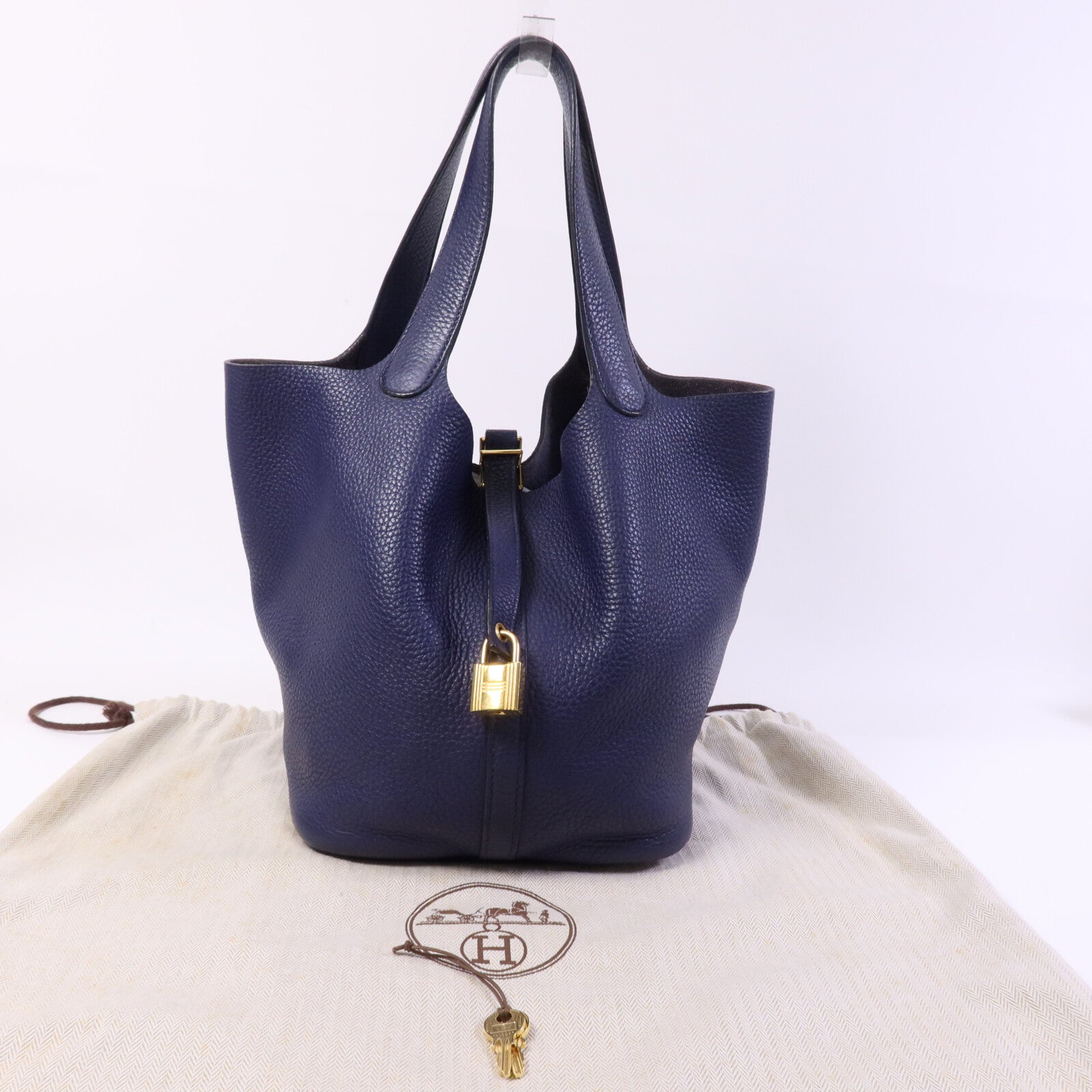 HERMES Clemence皮革Picotin MM金扣手挽袋Bleu Encre