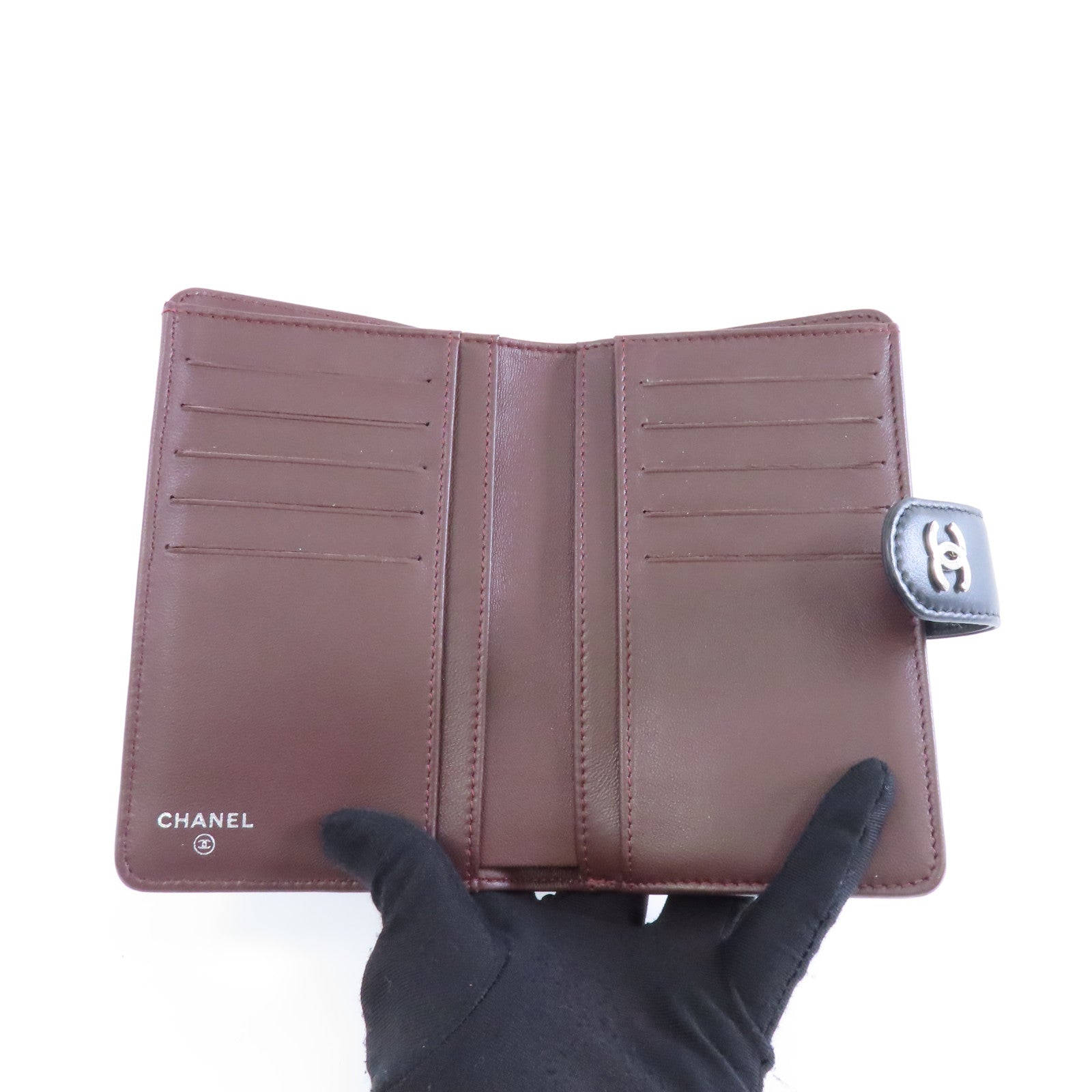 CHANEL 菱格牛皮皮革Wallet銀扣折疊錢包黑色