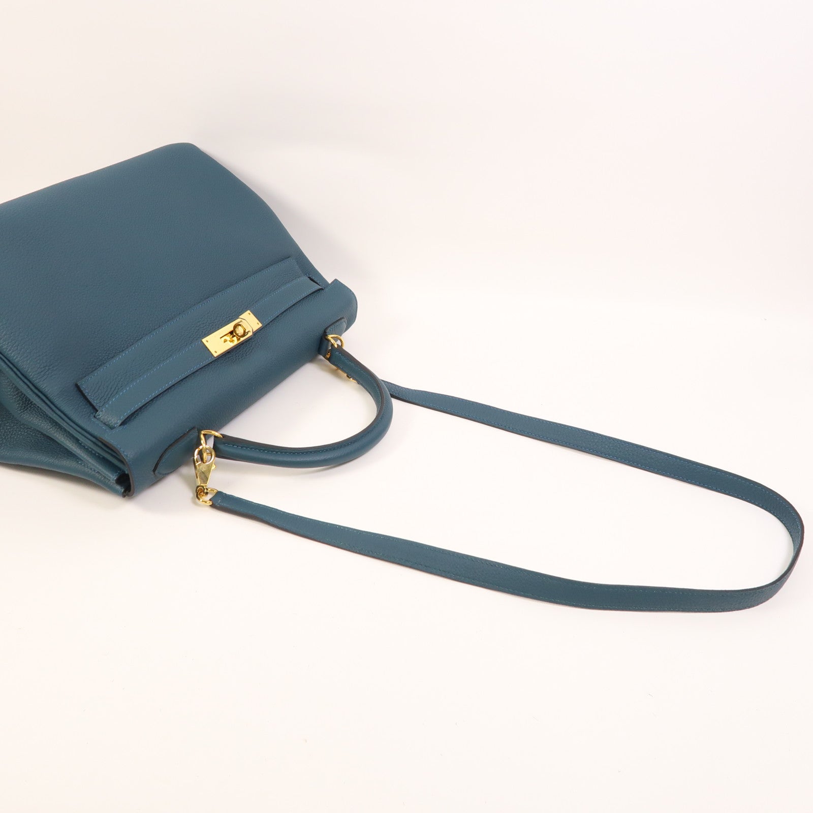 HERMES Epsom皮革Kelly 32金扣手挽肩背兩用袋Bleu Tempete
