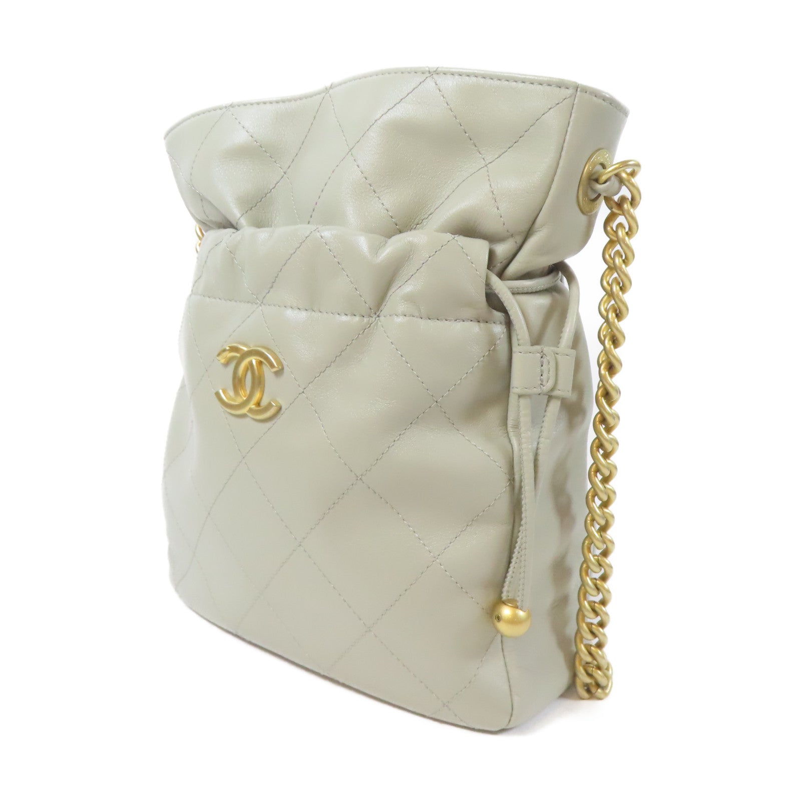 CHANEL 【激減優惠】菱格皮革Bucket Chain Shoulder金扣鏈帶肩背袋灰色