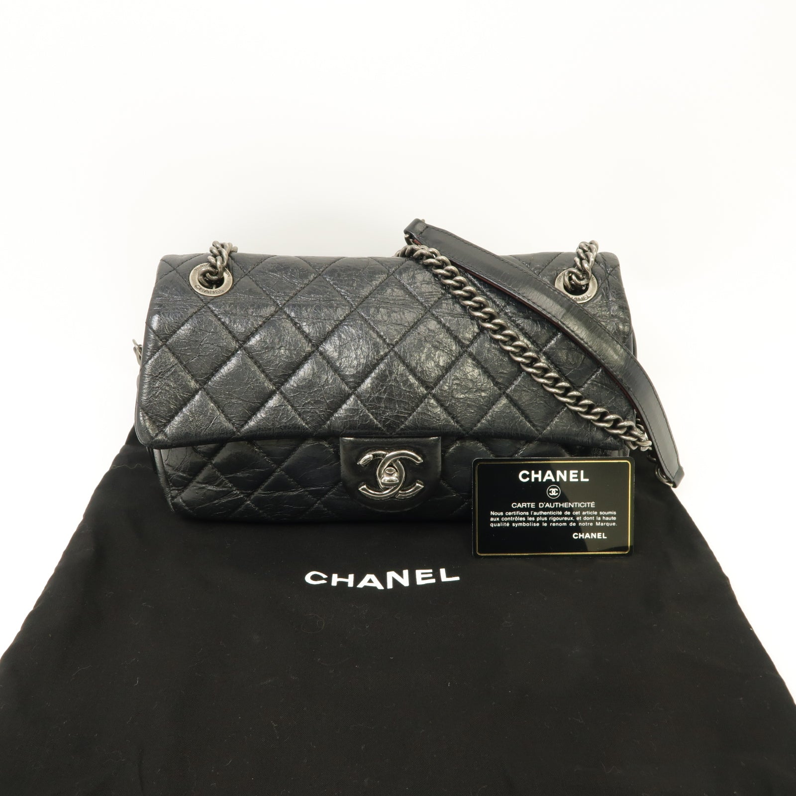 CHANEL 【激減優惠】菱格牛皮皮革Chain Shoulder銀扣鏈帶肩背袋黑色