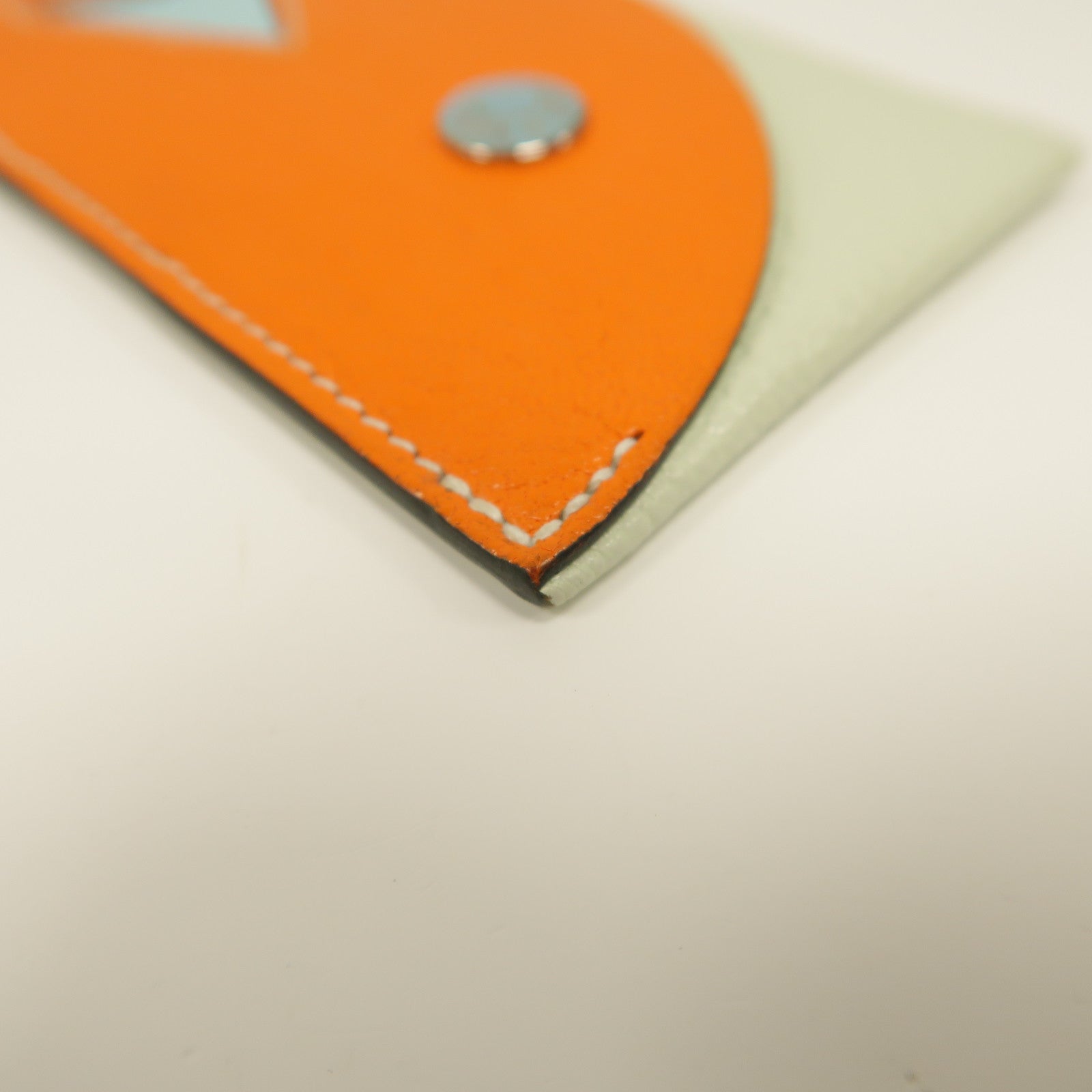 HERMES Chevre皮革Poission銀扣卡片套Orange Poppy罌粟花橘色/Aqua海藍色