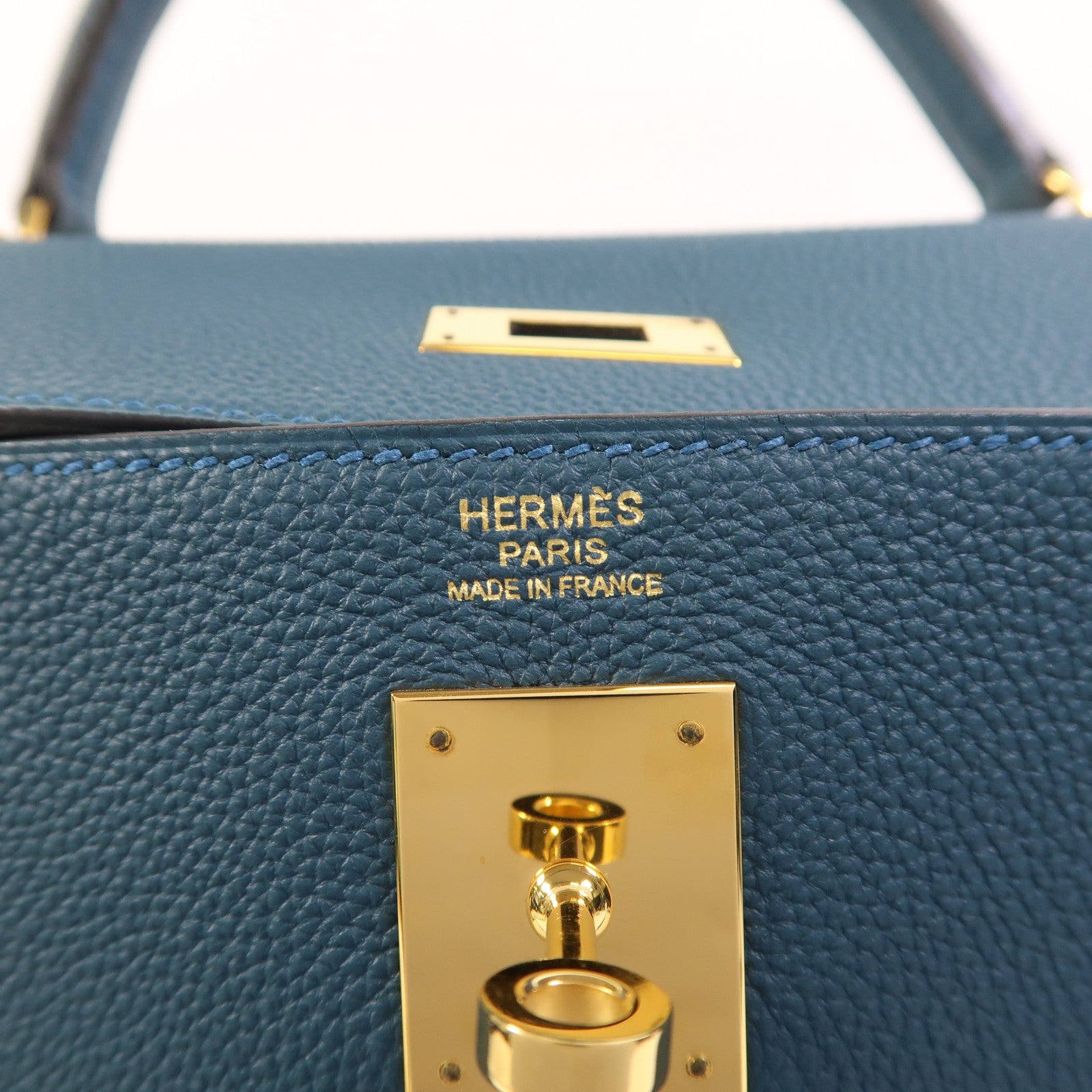 HERMES Epsom皮革Kelly 32金扣手挽肩背兩用袋Bleu Tempete