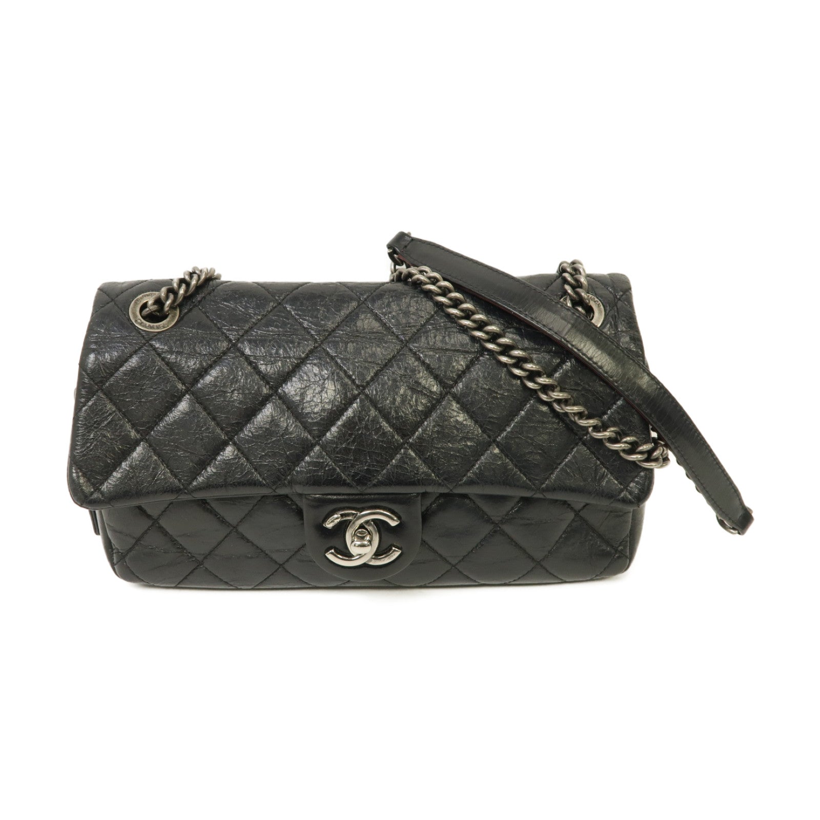 CHANEL 【激減優惠】菱格牛皮皮革Chain Shoulder銀扣鏈帶肩背袋黑色