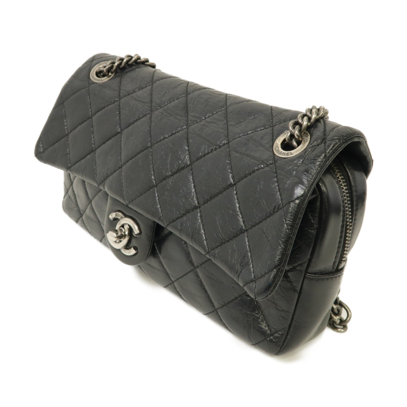CHANEL 【激減優惠】菱格牛皮皮革Chain Shoulder銀扣鏈帶肩背袋黑色