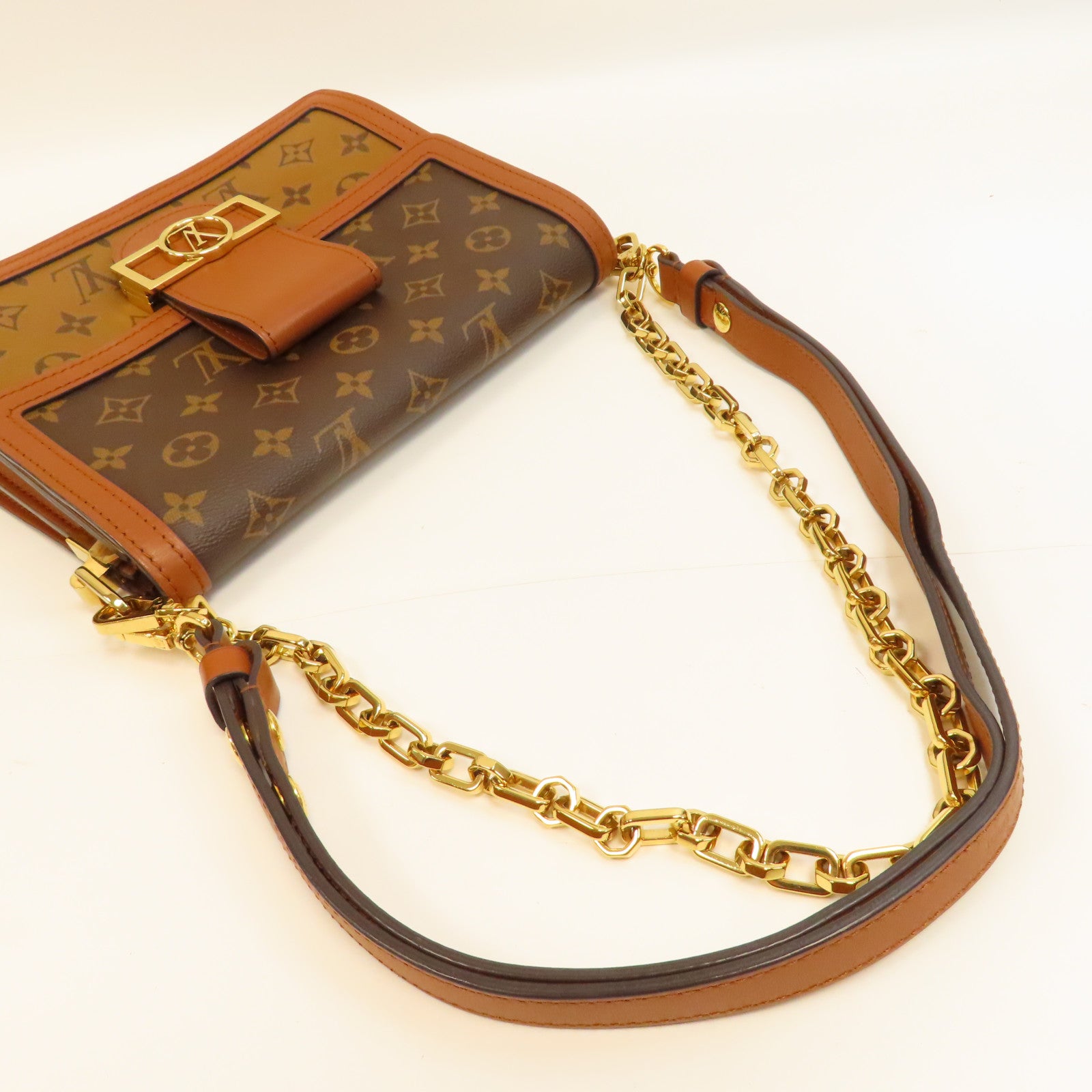 LOUIS VUITTON Monogram Dauphine MM金扣鏈帶肩背袋啡色