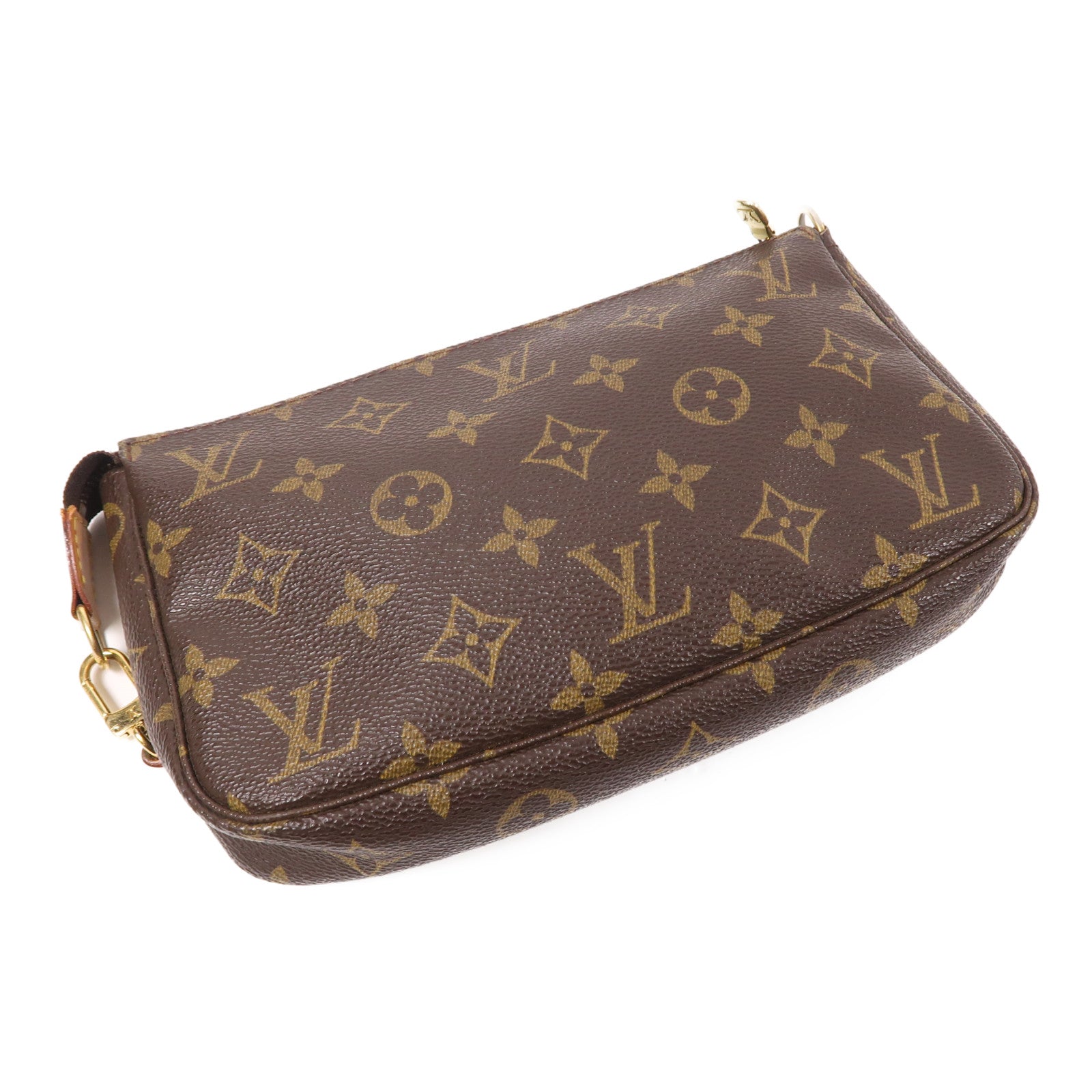 LOUIS VUITTON Monogram Pochette Accessoires金扣手挽袋棕色