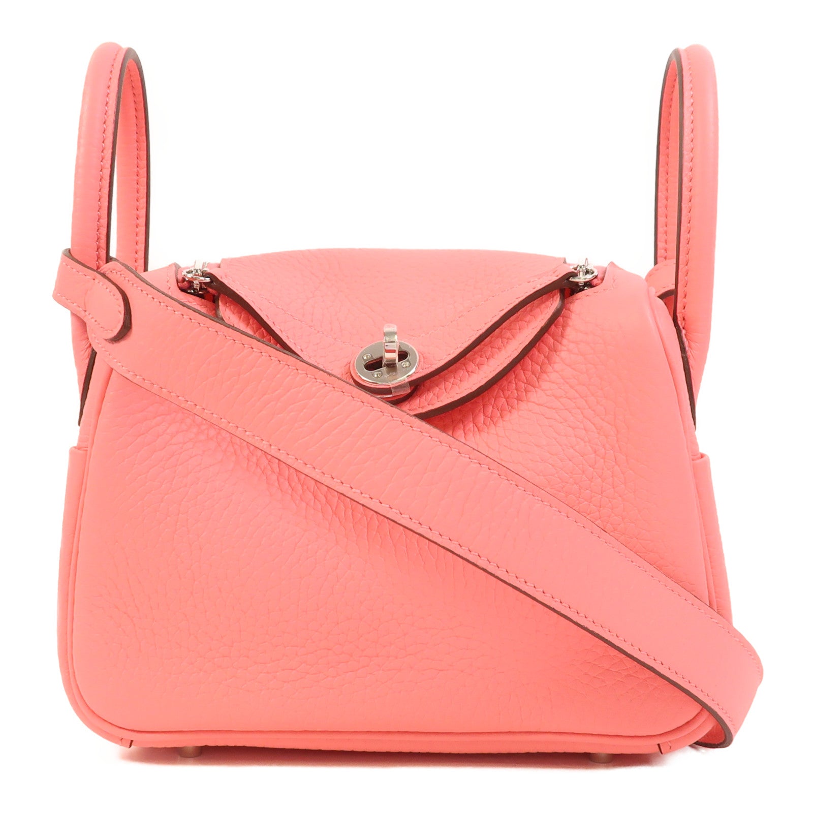 HERMES Clemence皮革Mini Lindy銀扣手挽肩背兩用袋Rose Azalee