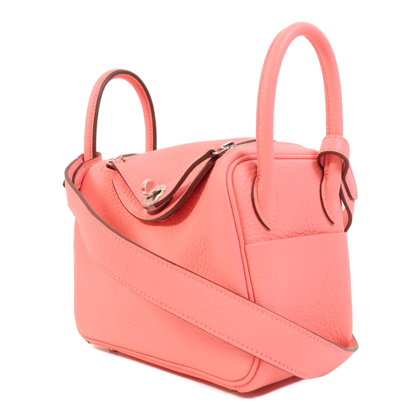 HERMES Clemence皮革Mini Lindy銀扣手挽肩背兩用袋Rose Azalee