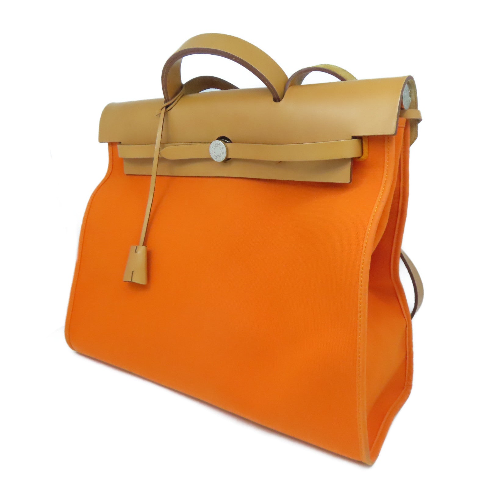 HERMES 【清倉大減價】帆布Herbag GM銀扣手挽肩背兩用袋橙色/啡色