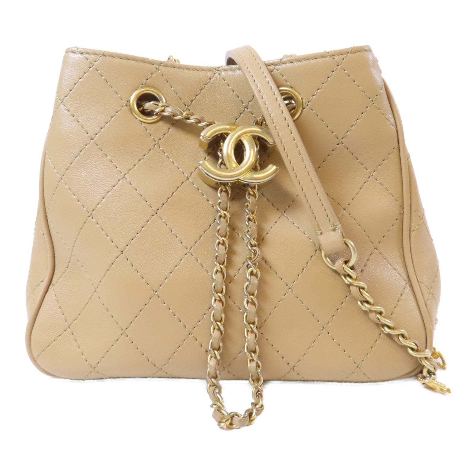 CHANEL 菱格牛皮皮革Egyptian Amulet金扣鏈帶肩背袋米色