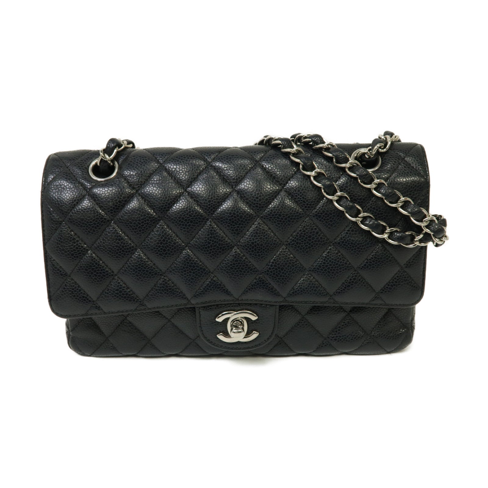 CHANEL 菱格Caviar皮革Classic 25銀扣鏈帶肩背袋黒色