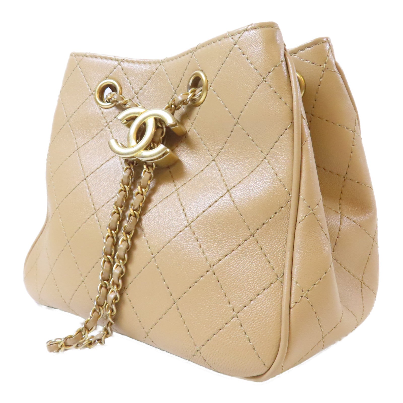 CHANEL 菱格牛皮皮革Egyptian Amulet金扣鏈帶肩背袋米色