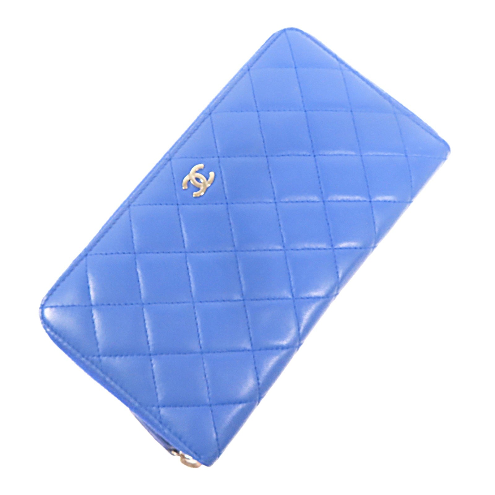 CHANEL CC SHW Large Zip Around Organizer Wallet Lambskin Leather Blue