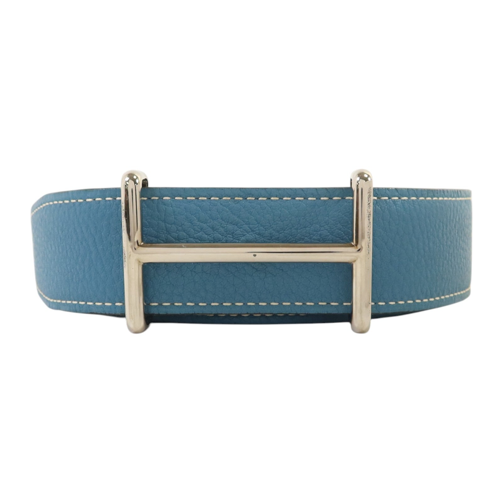 HERMES Clemence皮革Compact Belt 110cm銀扣皮帶Blue Jeans/Noir