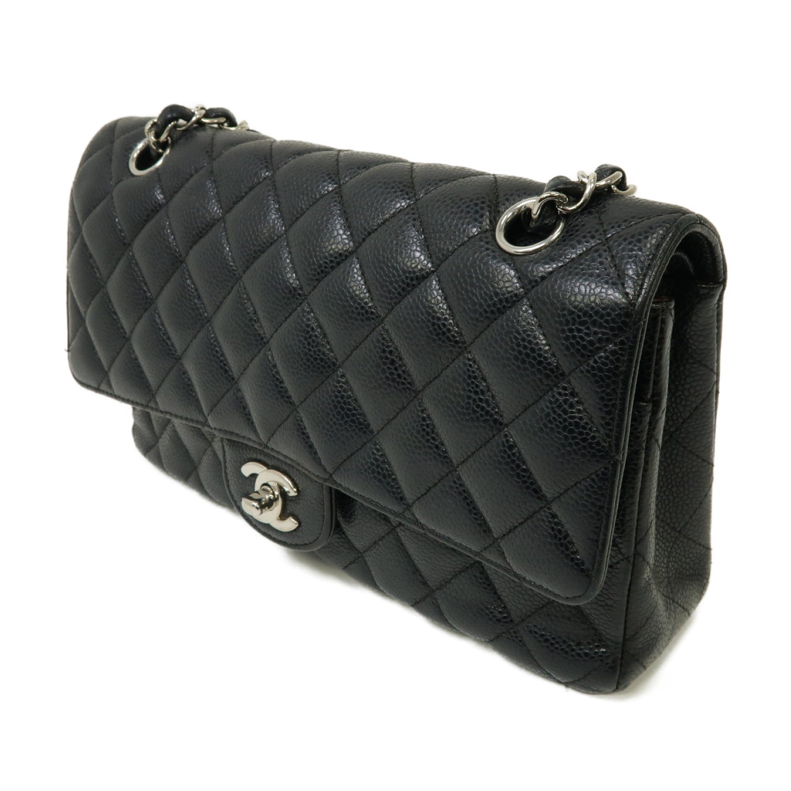 CHANEL 菱格Caviar皮革Classic 25銀扣鏈帶肩背袋黒色