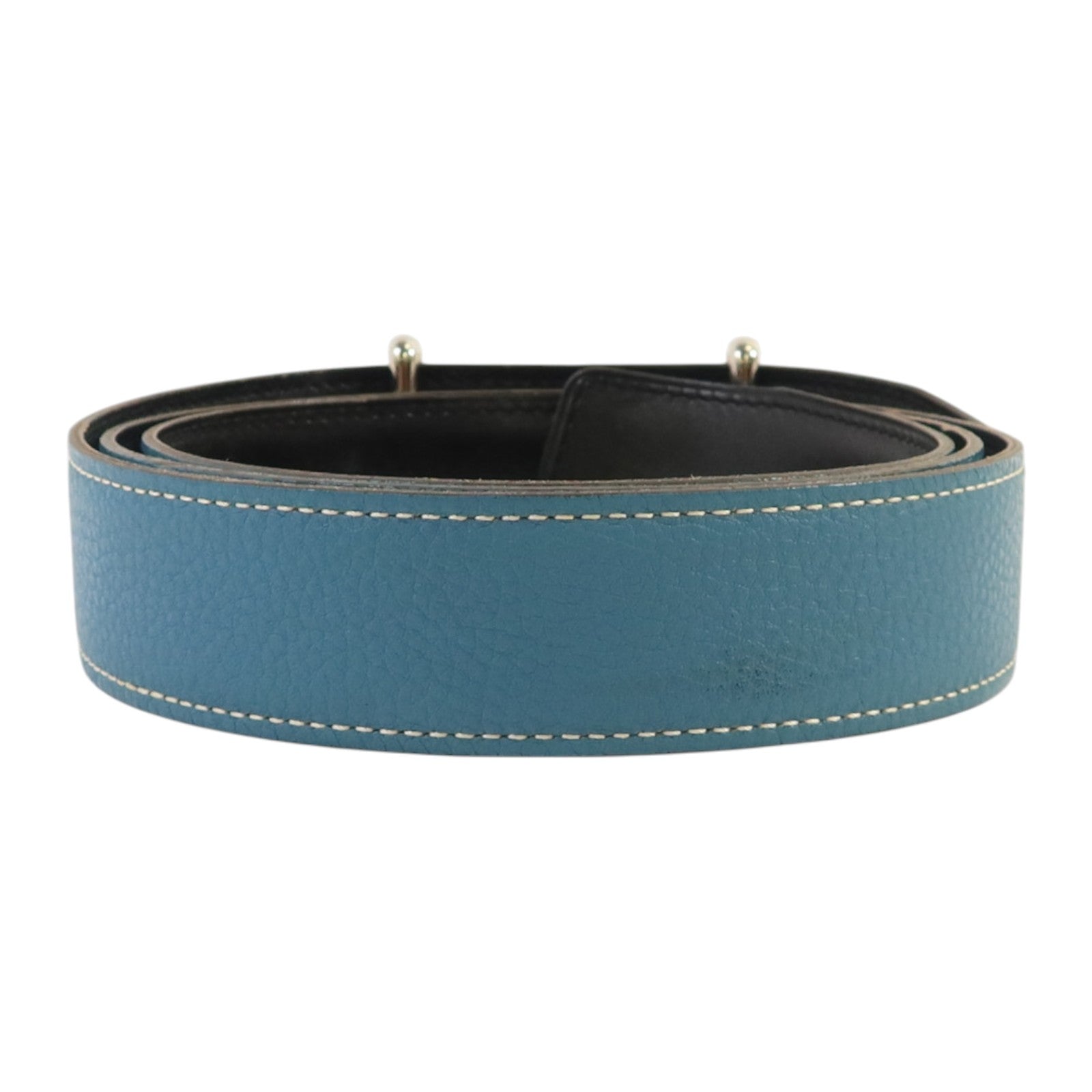 HERMES Clemence皮革Compact Belt 110cm銀扣皮帶Blue Jeans/Noir