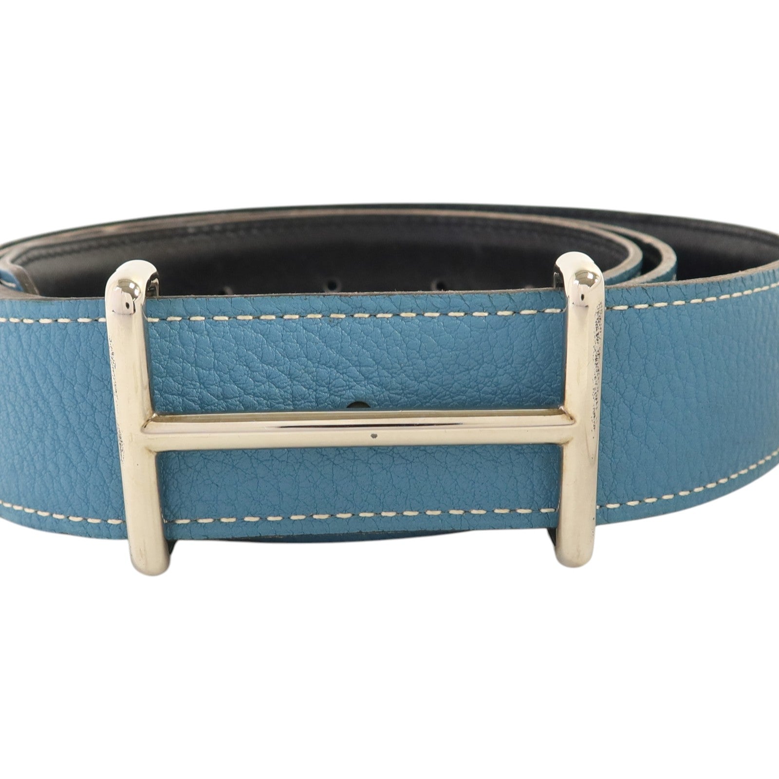 HERMES Clemence皮革Compact Belt 110cm銀扣皮帶Blue Jeans/Noir