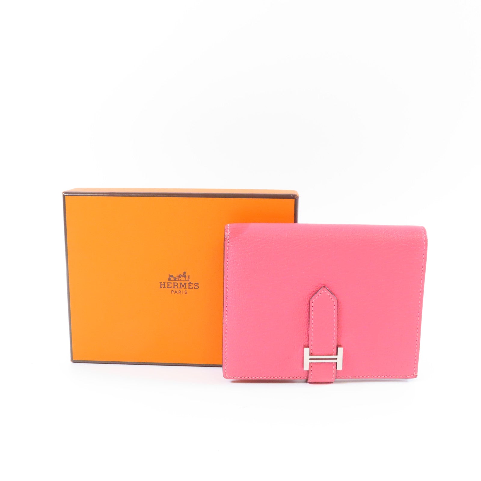 HERMES 【激減優惠】Chevre皮革Bearn Wallet銀扣錢包Rose Azalee杜鵑粉紅色