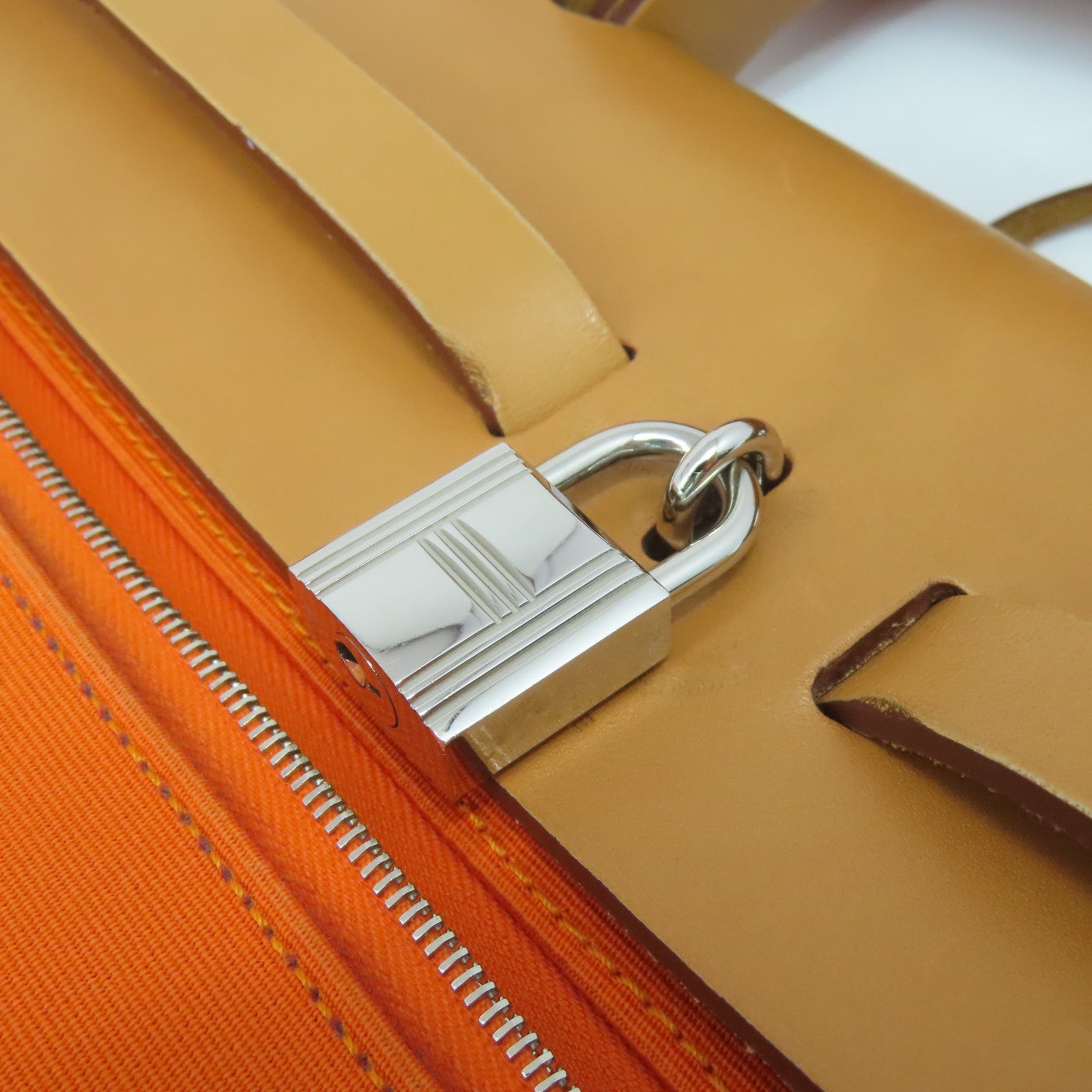 HERMES 【清倉大減價】帆布Herbag GM銀扣手挽肩背兩用袋橙色/啡色