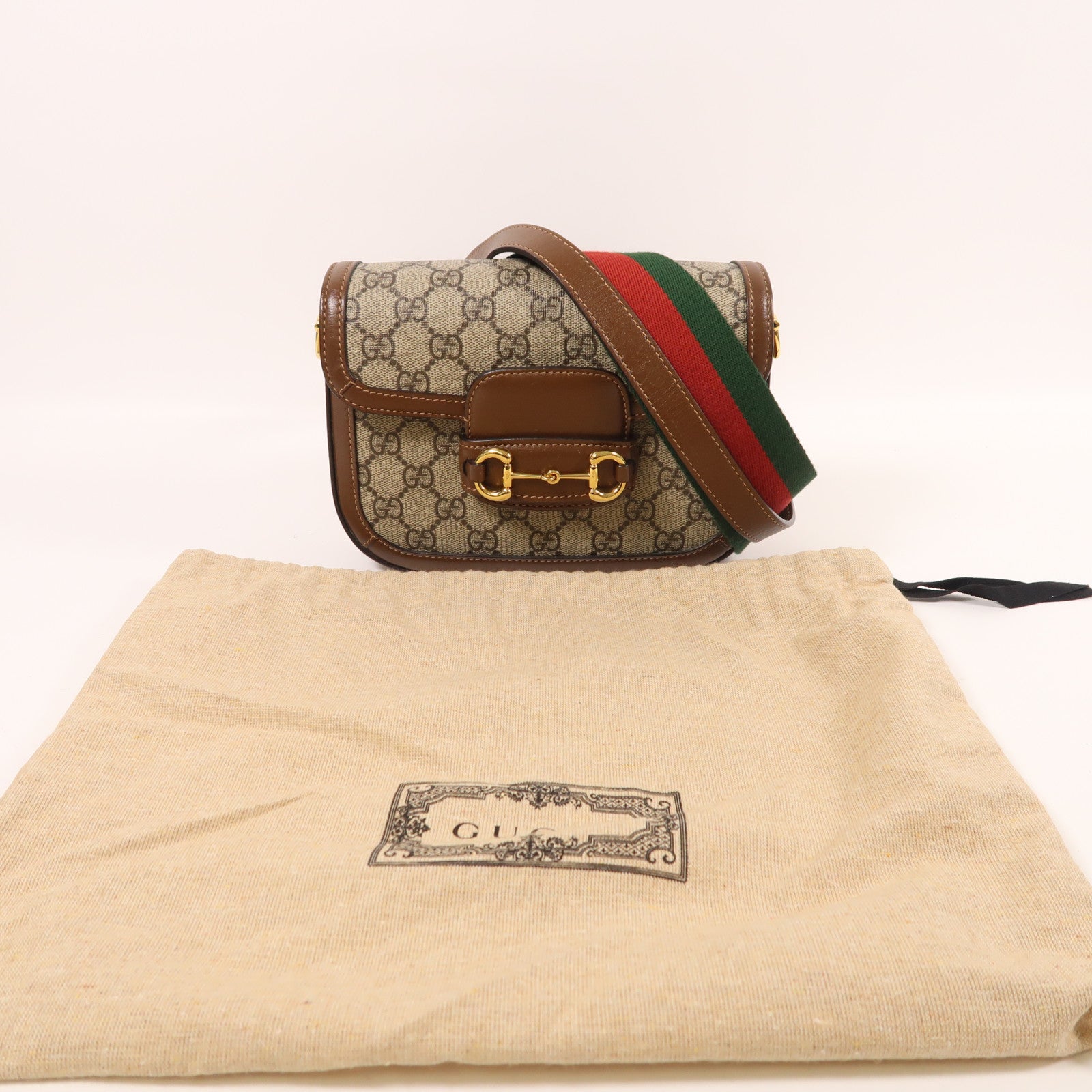 GUCCI 塗層帆布/牛皮皮革Horsebit 1955 Small金扣肩背袋
