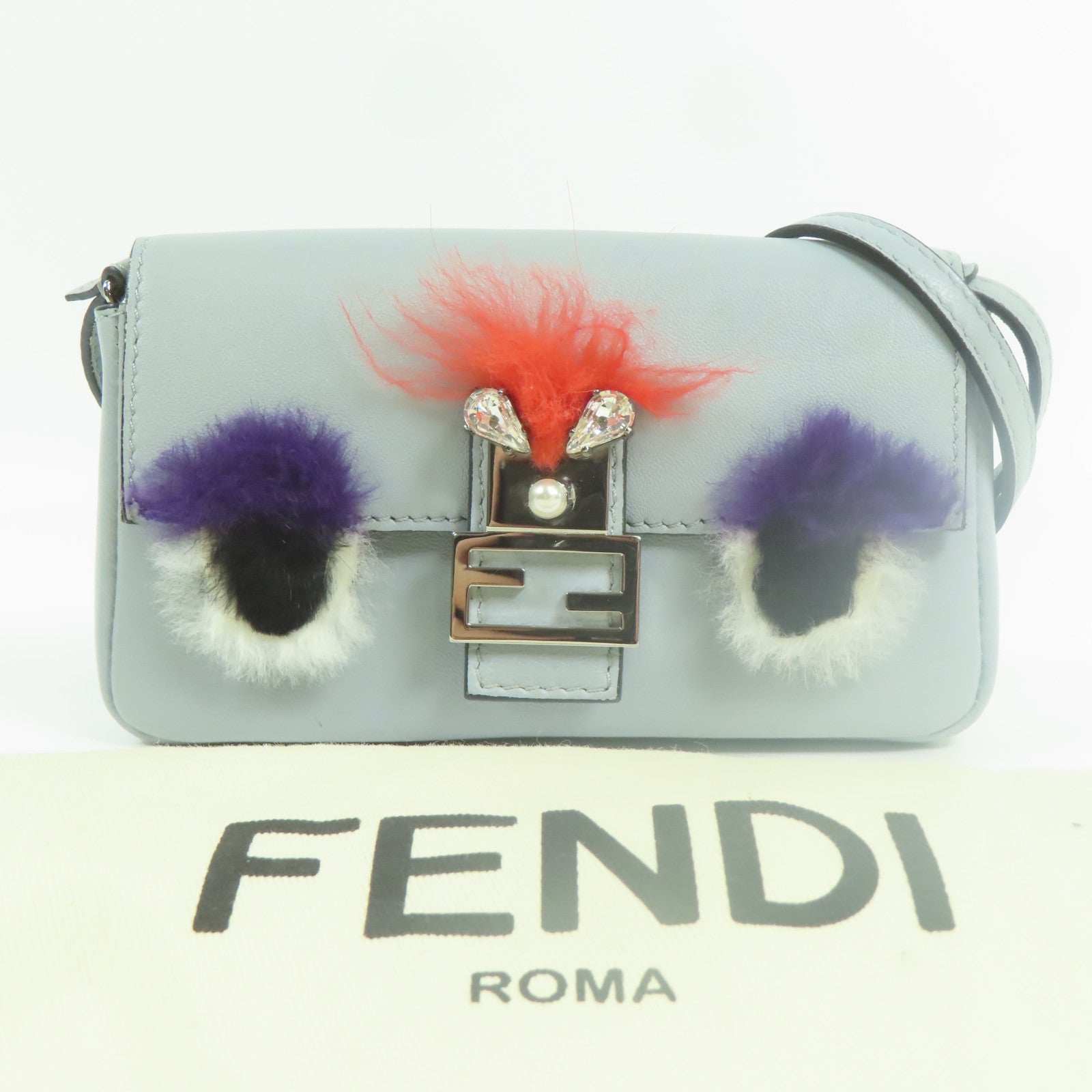 FENDI 牛皮皮革/狐狸毛Shoulder Bag銀扣肩背袋