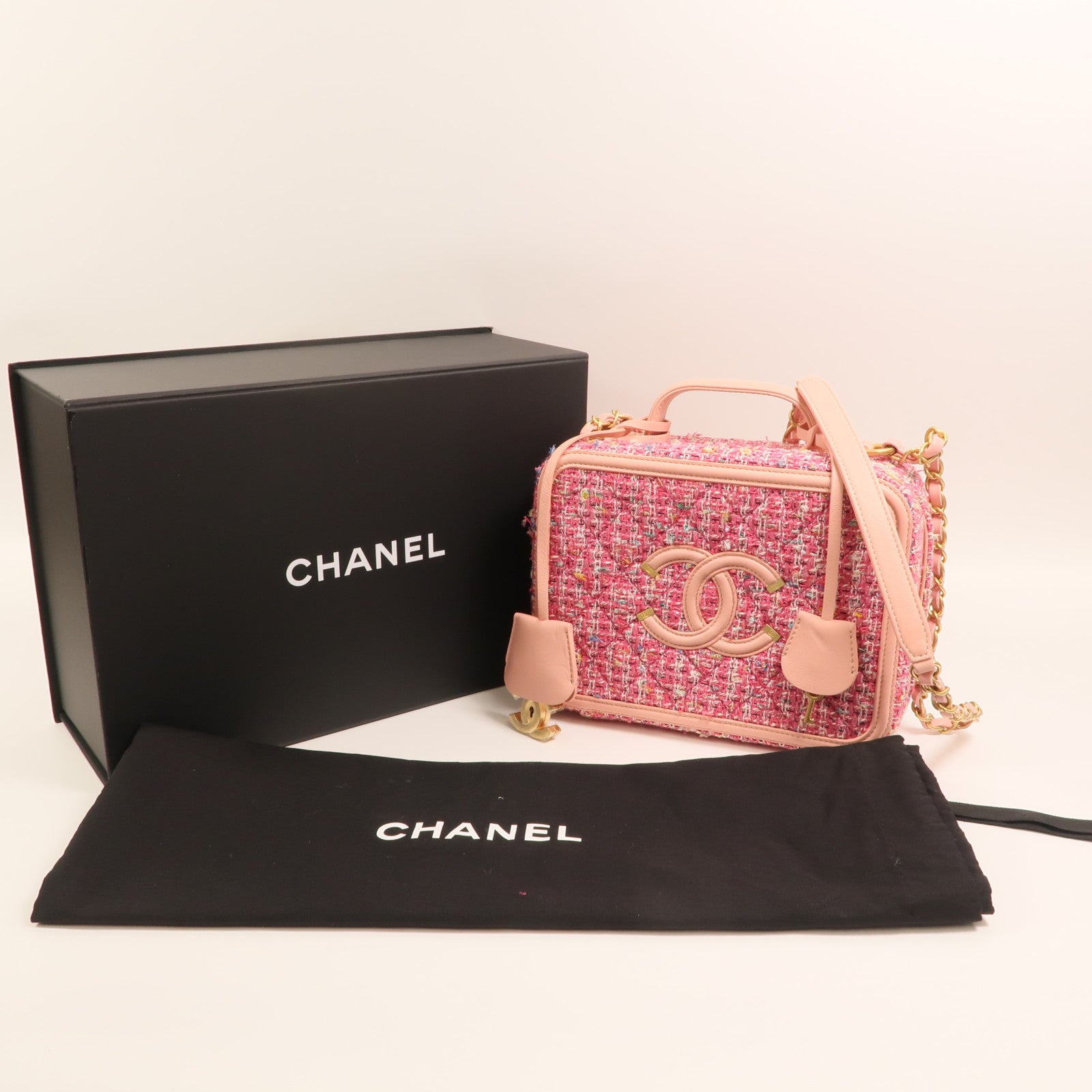 CHANEL 粗花呢Vanity Case 21cm金扣鏈帶肩背袋