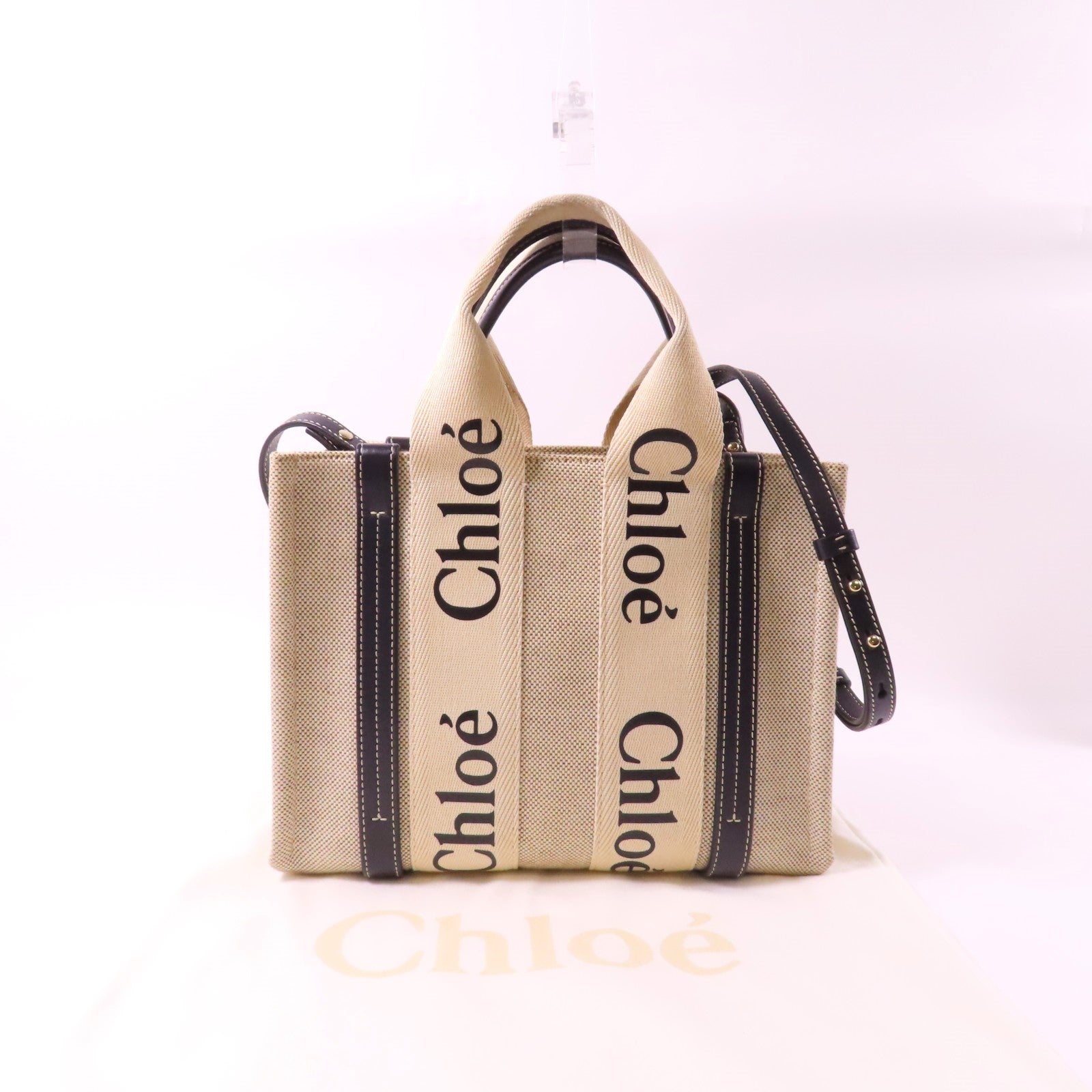Chloe 帆布SMALL WOODY TOTE BAG IN LINEN銀扣手挽肩背兩用袋米色/深藍色