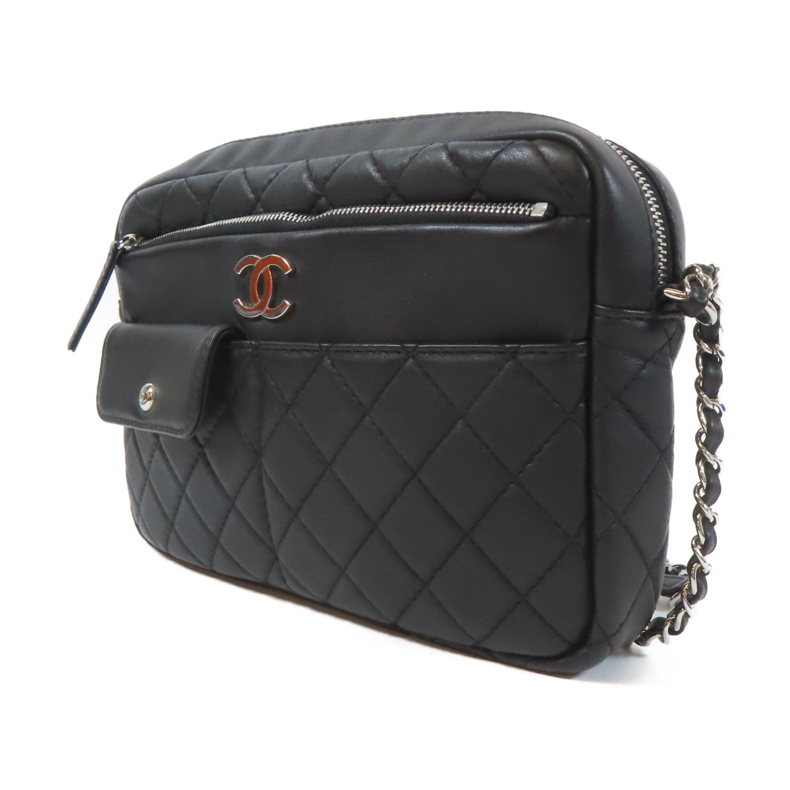 CHANEL 菱格牛皮皮革Chain Shoulder Bag銀扣鏈帶肩背袋黑色