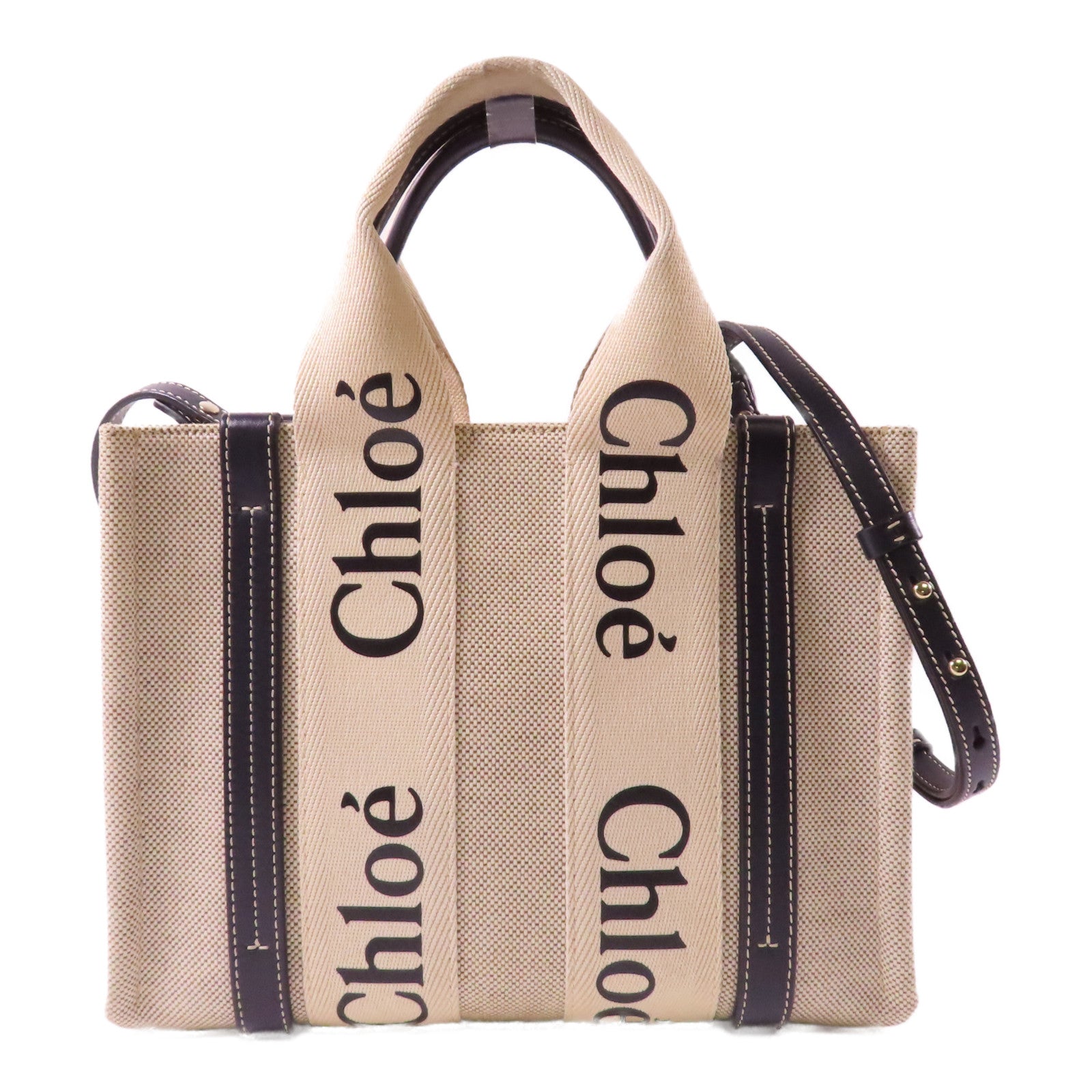 Chloe 帆布SMALL WOODY TOTE BAG IN LINEN銀扣手挽肩背兩用袋米色/深藍色