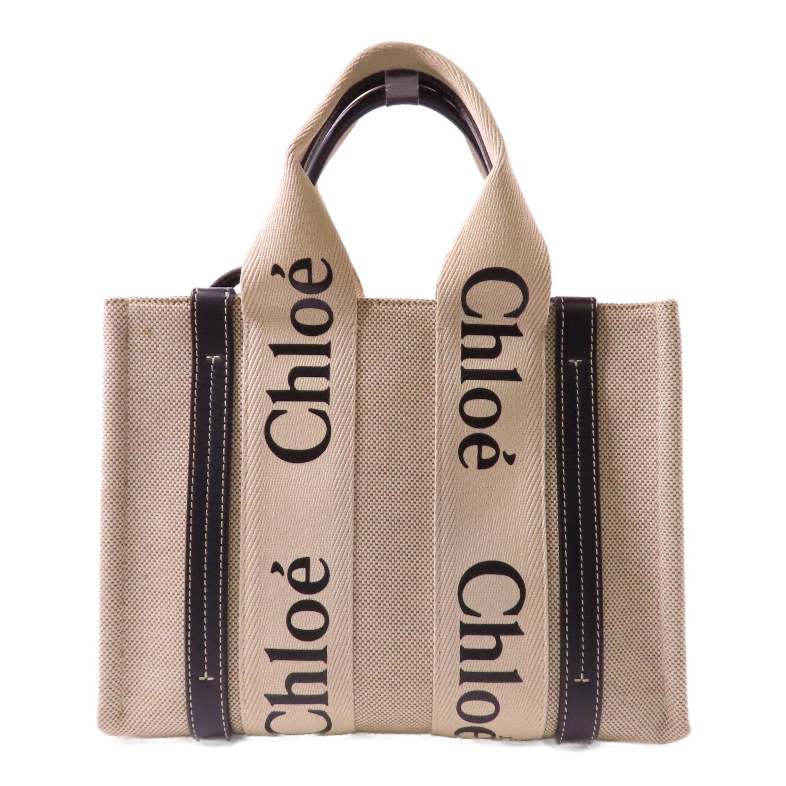Chloe 帆布SMALL WOODY TOTE BAG IN LINEN銀扣手挽肩背兩用袋米色/深藍色