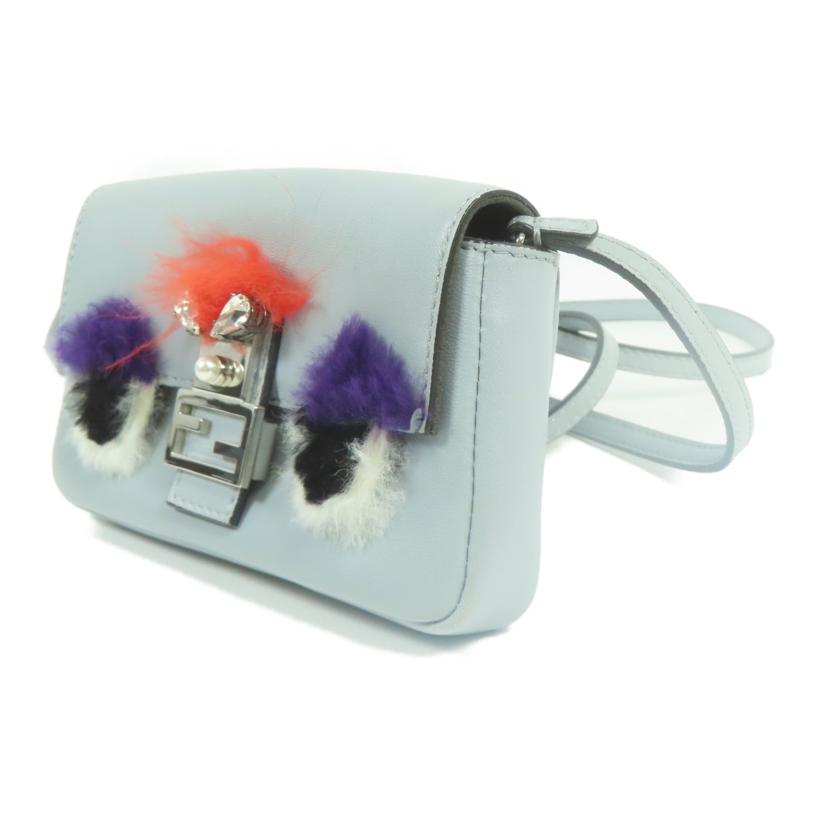 FENDI 牛皮皮革/狐狸毛Shoulder Bag銀扣肩背袋