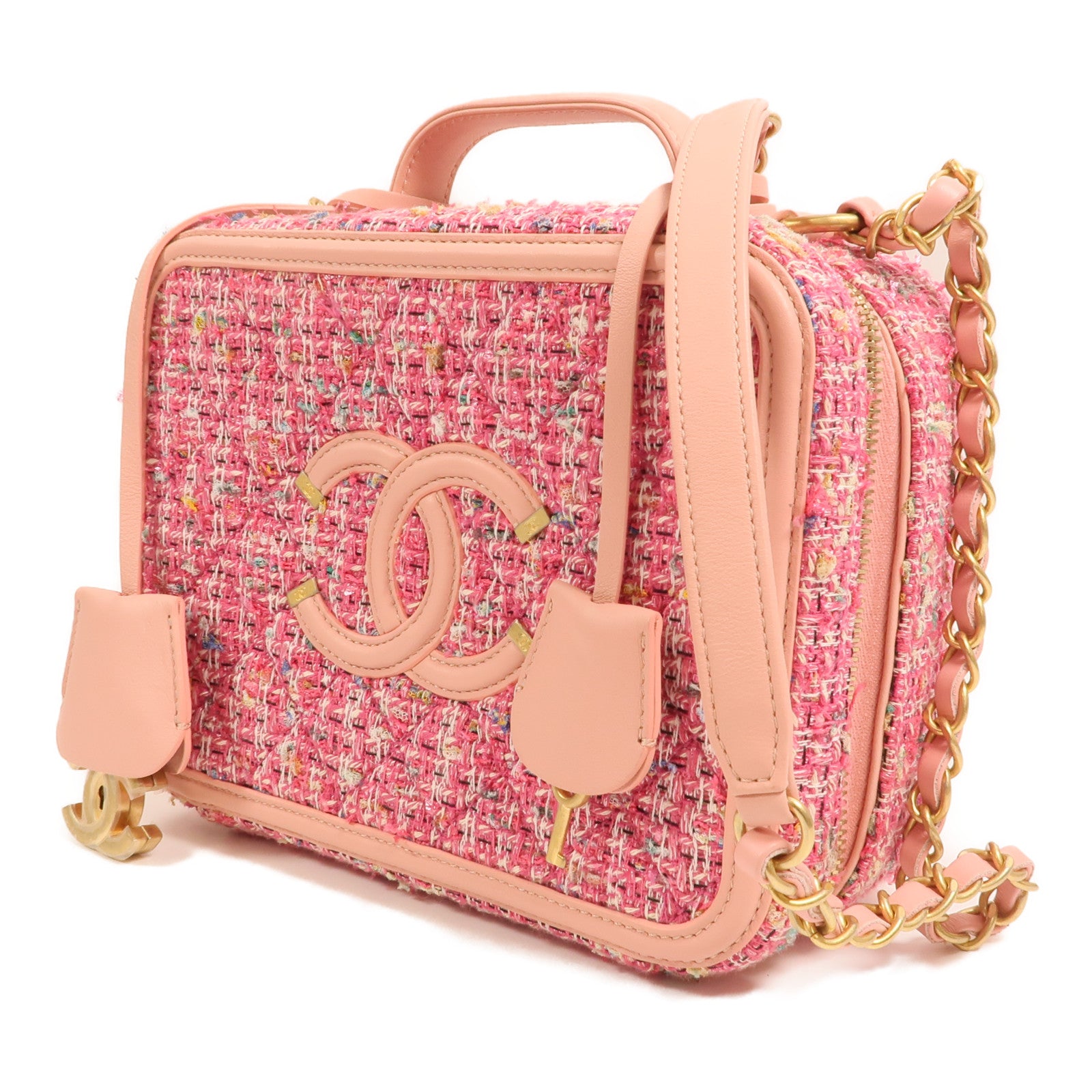 CHANEL 粗花呢Vanity Case 21cm金扣鏈帶肩背袋