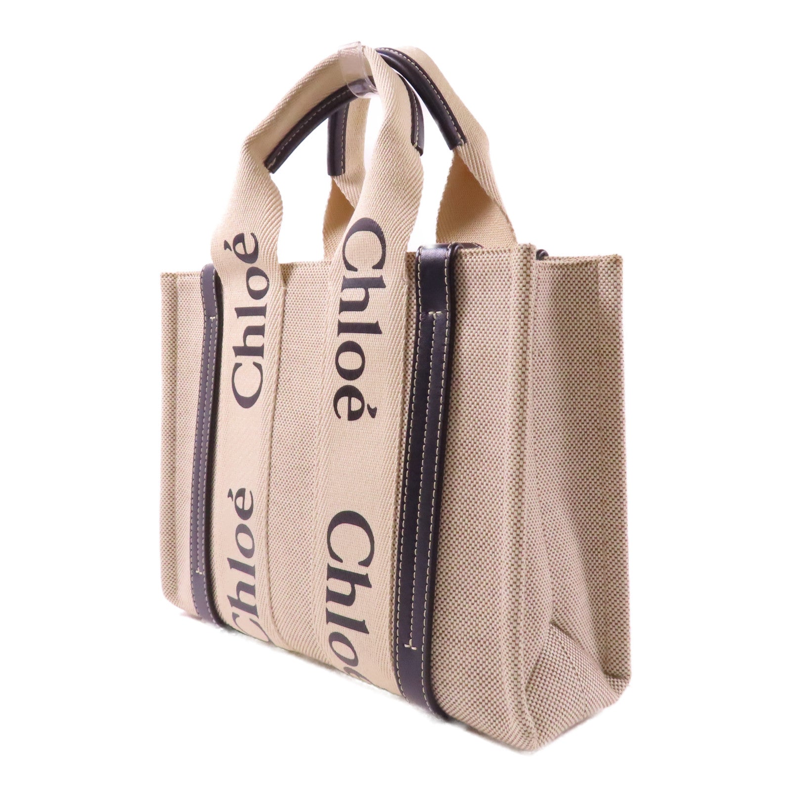 Chloe 帆布SMALL WOODY TOTE BAG IN LINEN銀扣手挽肩背兩用袋米色/深藍色