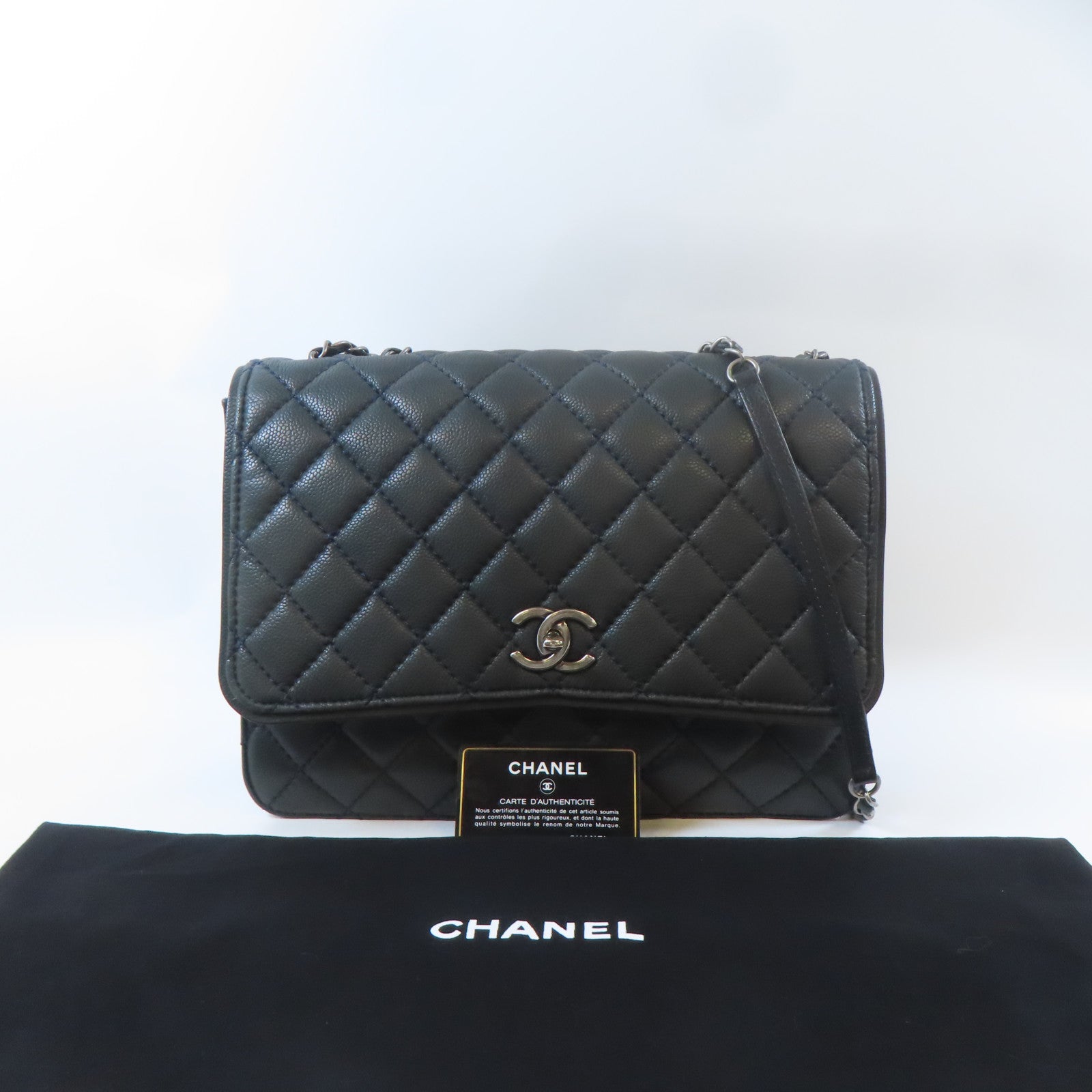 CHANEL 菱格Caviar皮革Chain Shoulder銀扣鏈帶肩背袋深綠色