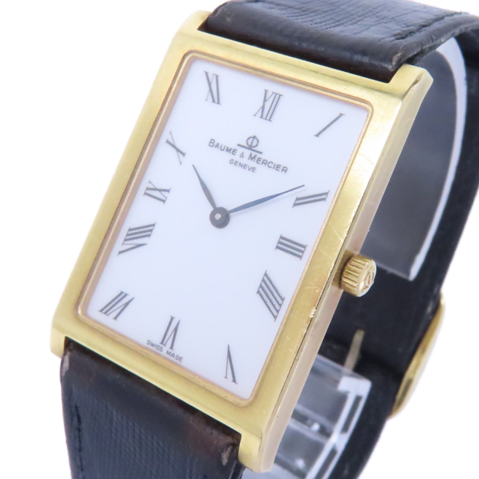 Baume & Mercier 蜥蝪皮革/18K黃金手錶石英機芯白色