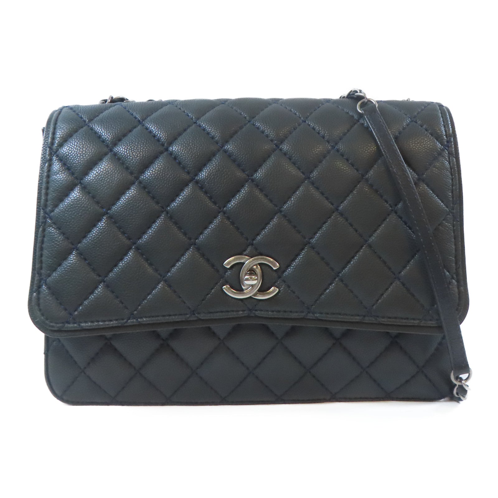 CHANEL 菱格Caviar皮革Chain Shoulder銀扣鏈帶肩背袋深綠色