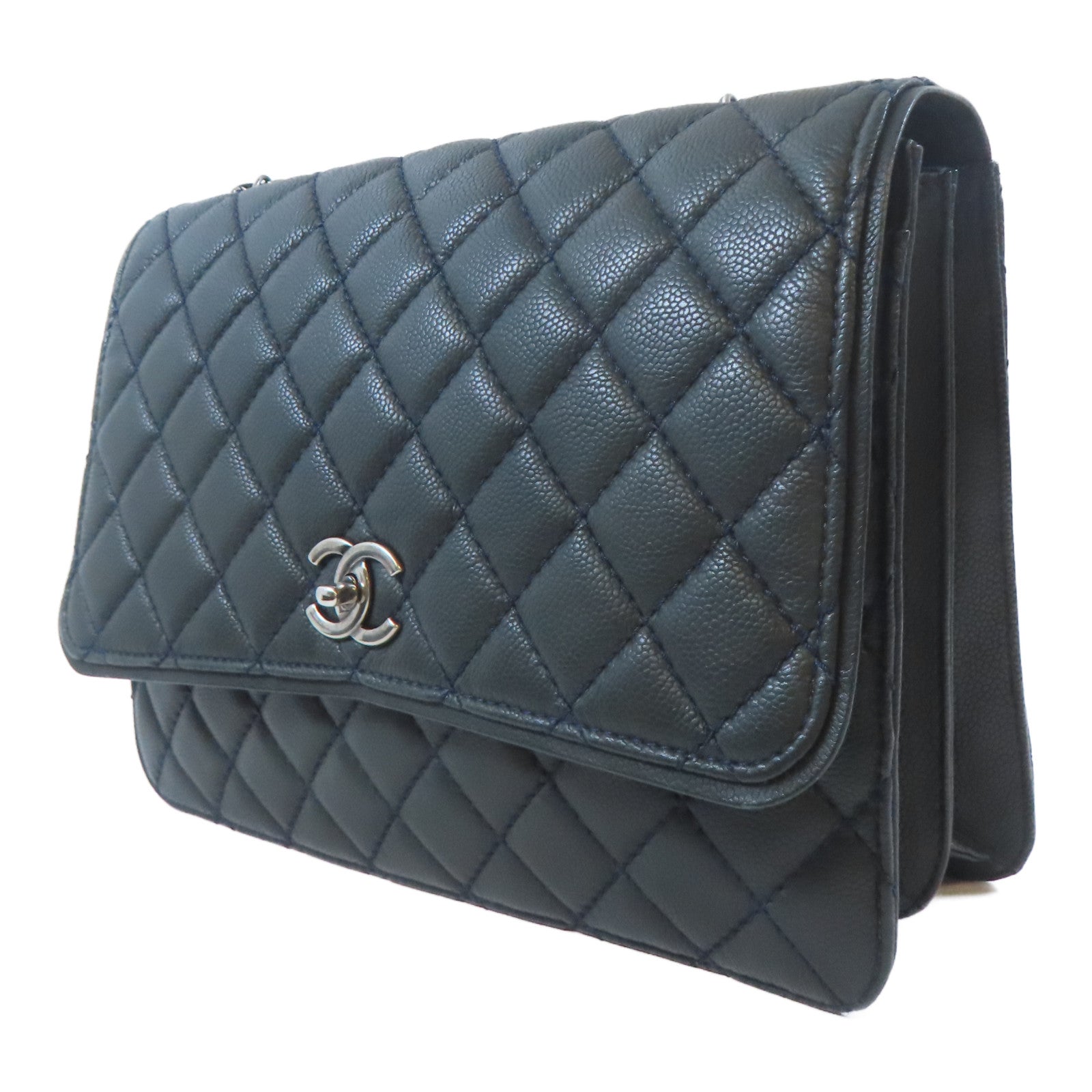 CHANEL 菱格Caviar皮革Chain Shoulder銀扣鏈帶肩背袋深綠色